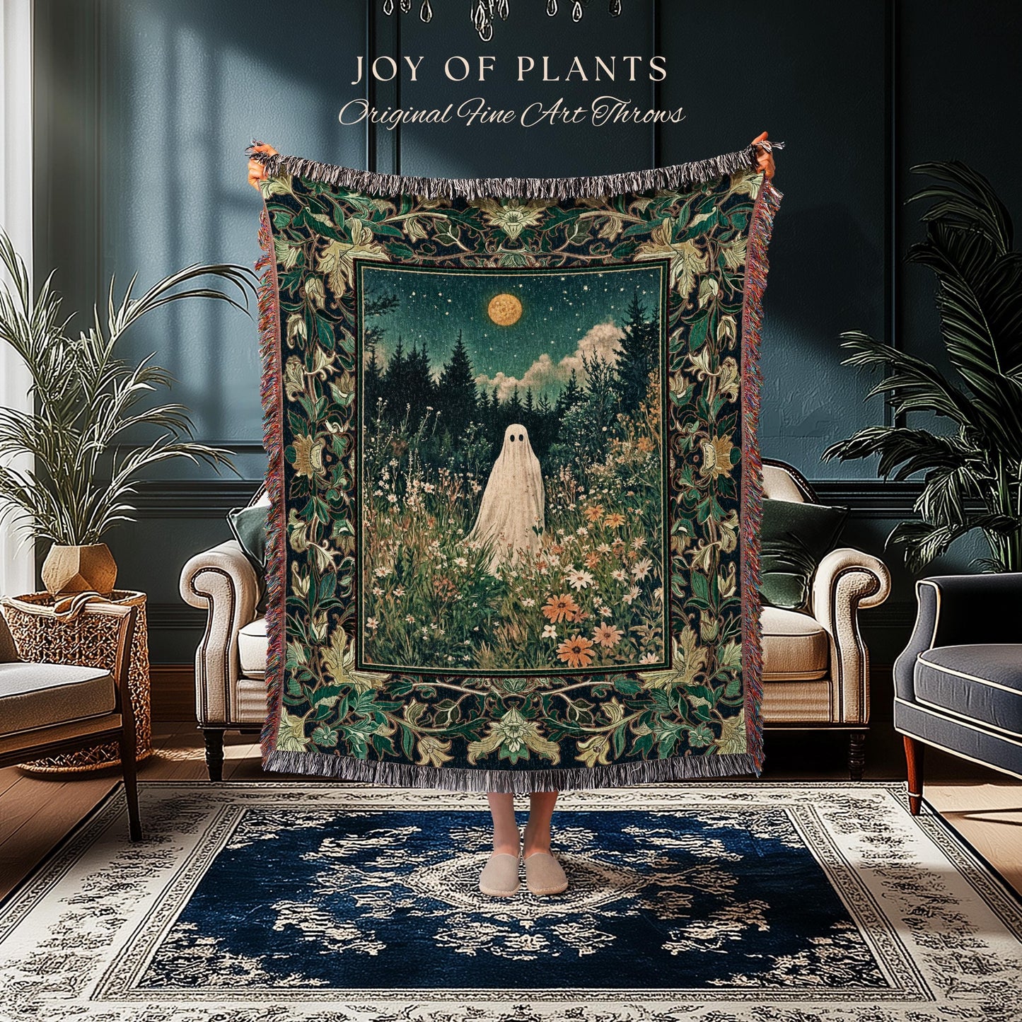 Golden Harvest Moon Ghost Blanket | Spooky Vibes Halloween Aesthetic Cute Decor Wildflower Woven Throw Cozy Fall Accent Whimsical Botanical