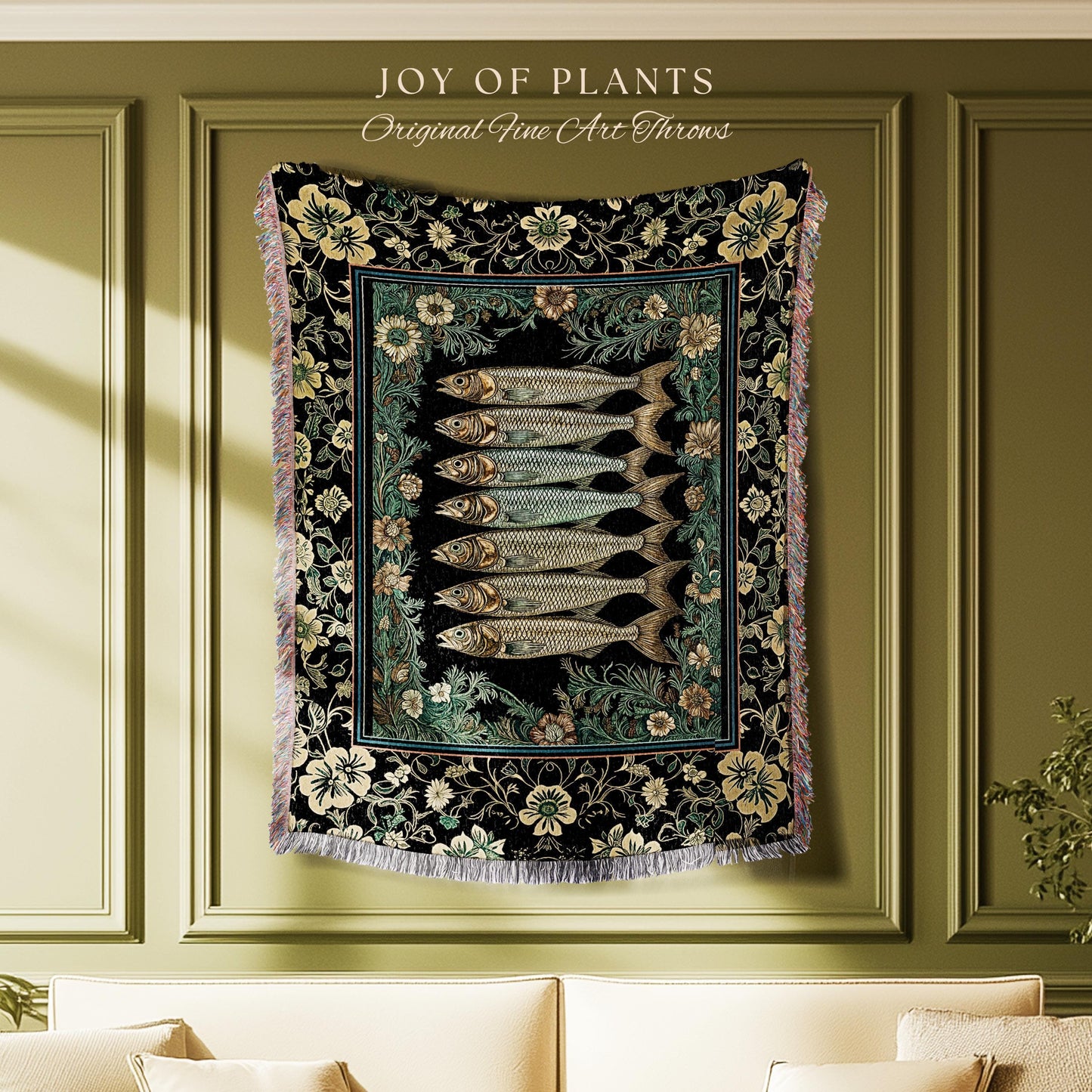 Ocean Folklore Nautical Sardine Blanket | Oceancore Woven Wall Tapestry Costal Fish Marine Life Home Accent Ocean Inspired Fish Aesthetic |