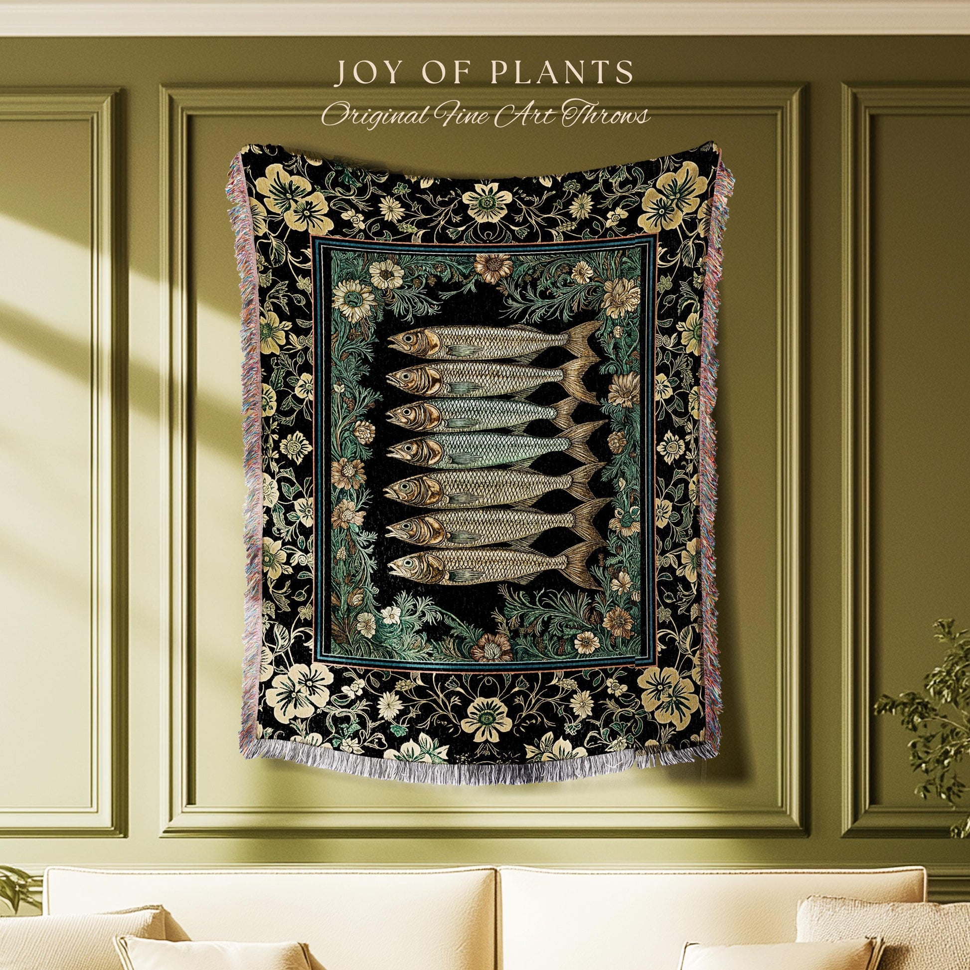 Ocean Folklore Nautical Sardine Blanket | Oceancore Woven Wall Tapestry Costal Fish Marine Life Home Accent Ocean Inspired Fish Aesthetic |