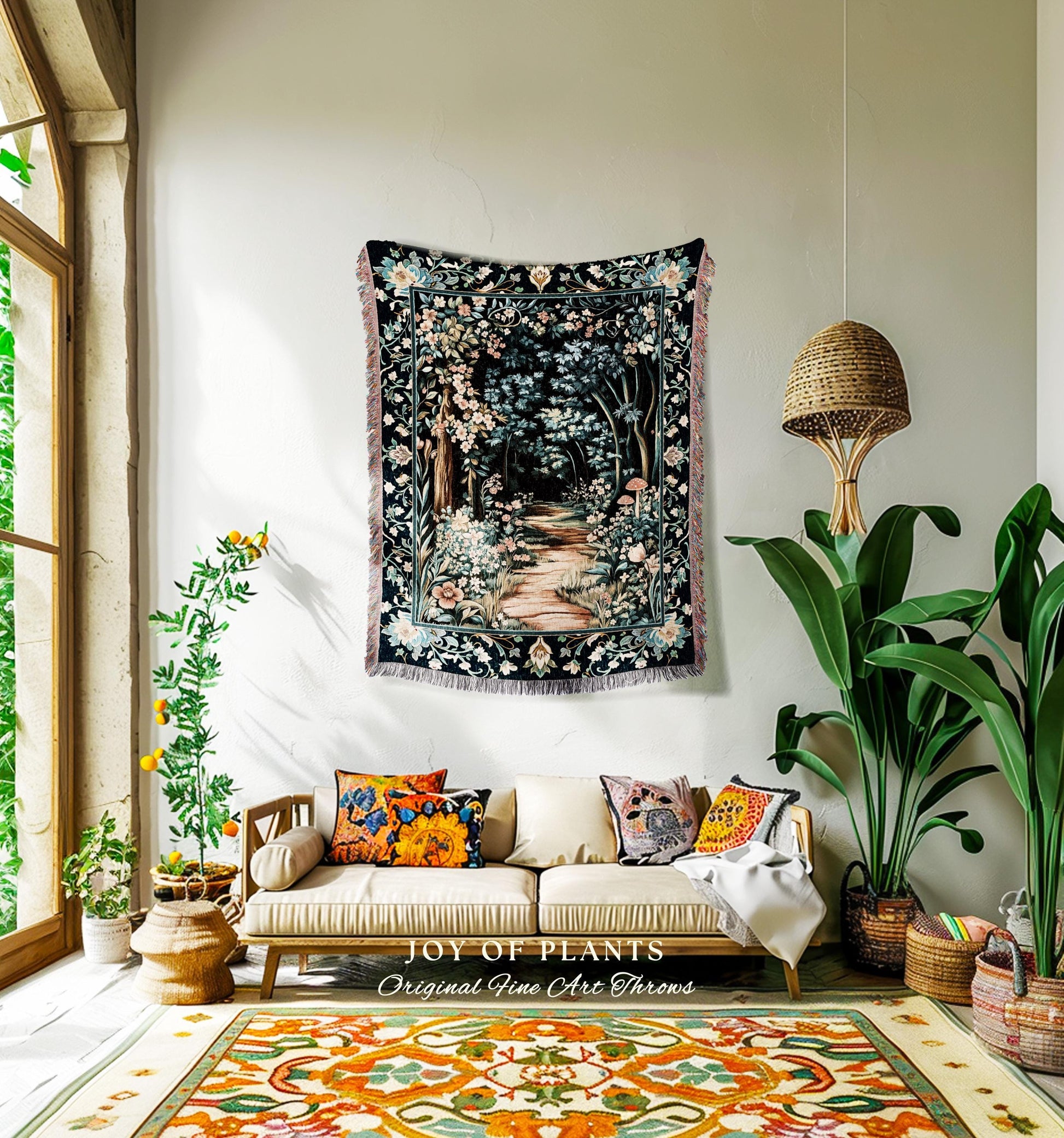 Dreamy Forest Landscape Botanical Blanket | Misty Forest Dark Cottagecore Aesthetic Fairycore Book Nook Woven Tapestry Magical Jungle Decor