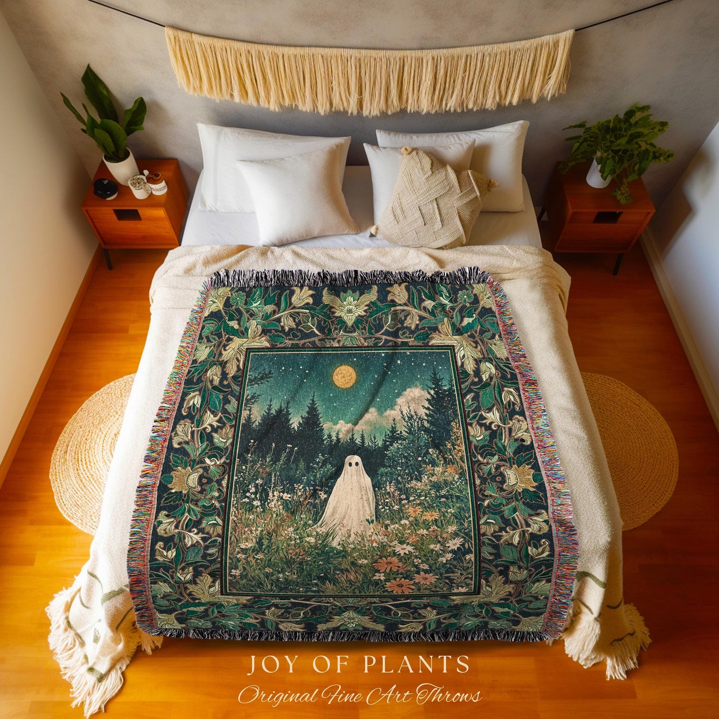 Golden Harvest Moon Ghost Blanket | Spooky Vibes Halloween Aesthetic Cute Decor Wildflower Woven Throw Cozy Fall Accent Whimsical Botanical