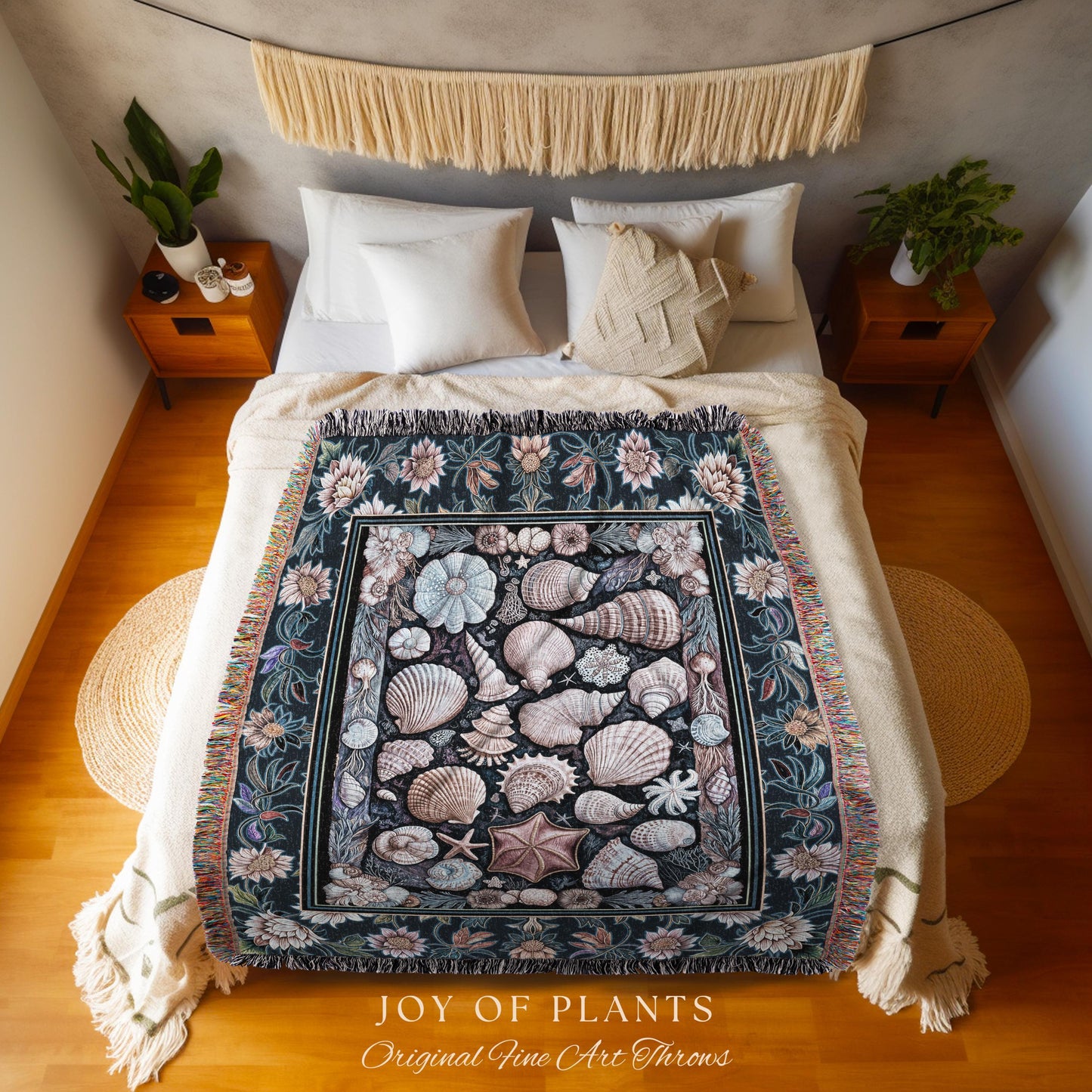 Coastal Pastel Seashell Woven Throw Blanket | Vintage Ocean Inspired Beach Accent Marine Life Wall Tapestry Summer Aesthetic Mermaid Decor |