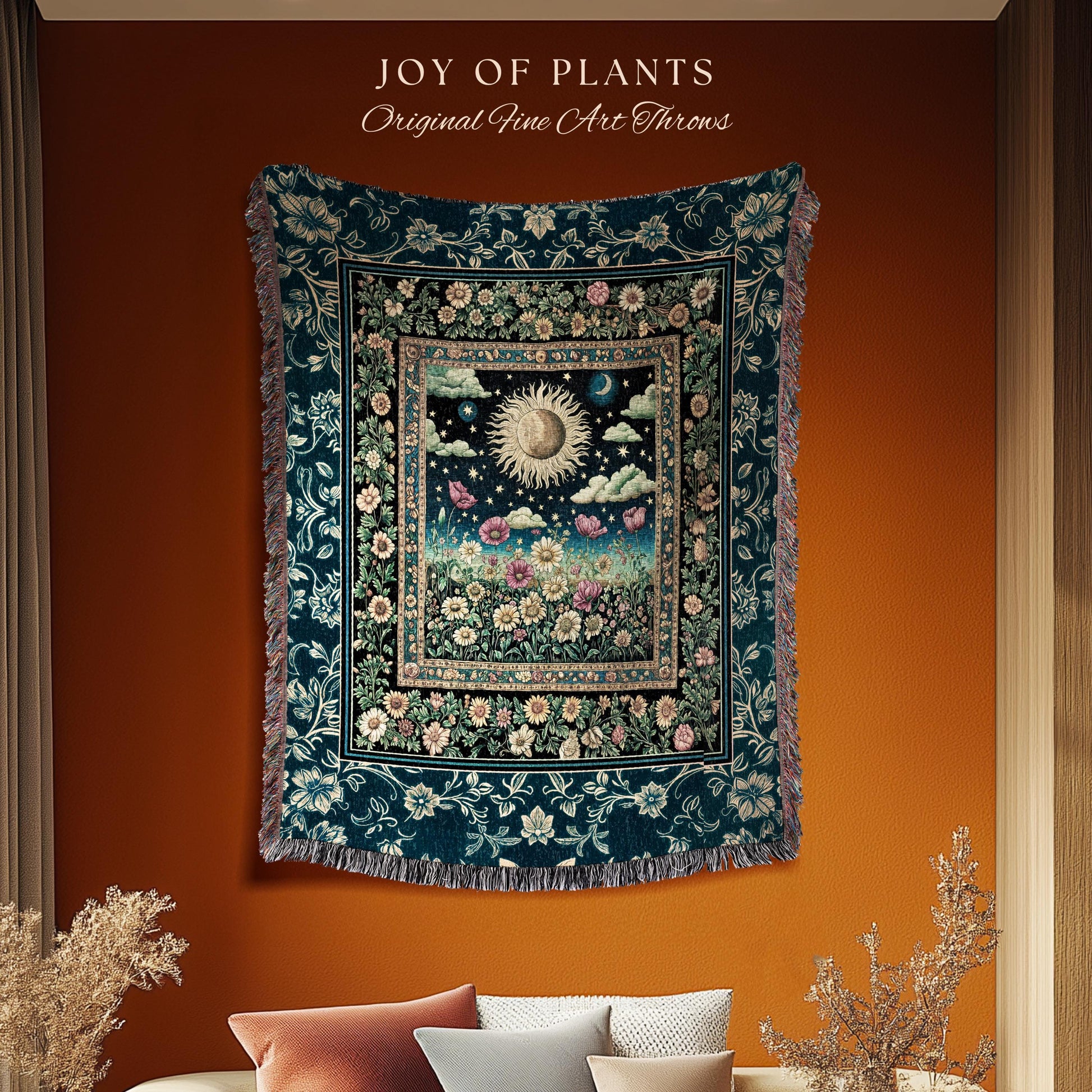 Floral Gothic Celestial Tapestry Woven | Witchy Tarot Sun Moon Stars Spiritual Tarot Decor Bohemian Indie Bedroom Cozy Cottagecore Aesthetic