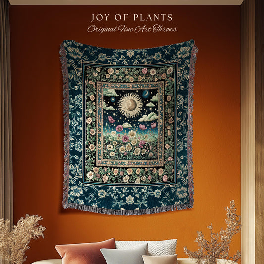 Floral Gothic Celestial Tapestry Woven | Witchy Tarot Sun Moon Stars Spiritual Tarot Decor Bohemian Indie Bedroom Cozy Cottagecore Aesthetic