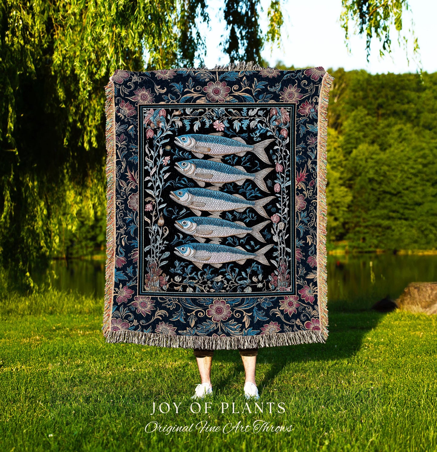 Whimsical Sea Life Sardine Woven Blanket | Cozy Nautical Lake House Throw Eclectic Coastal Aesthetic Maxmialist Tapestry Vintage Sea Life |