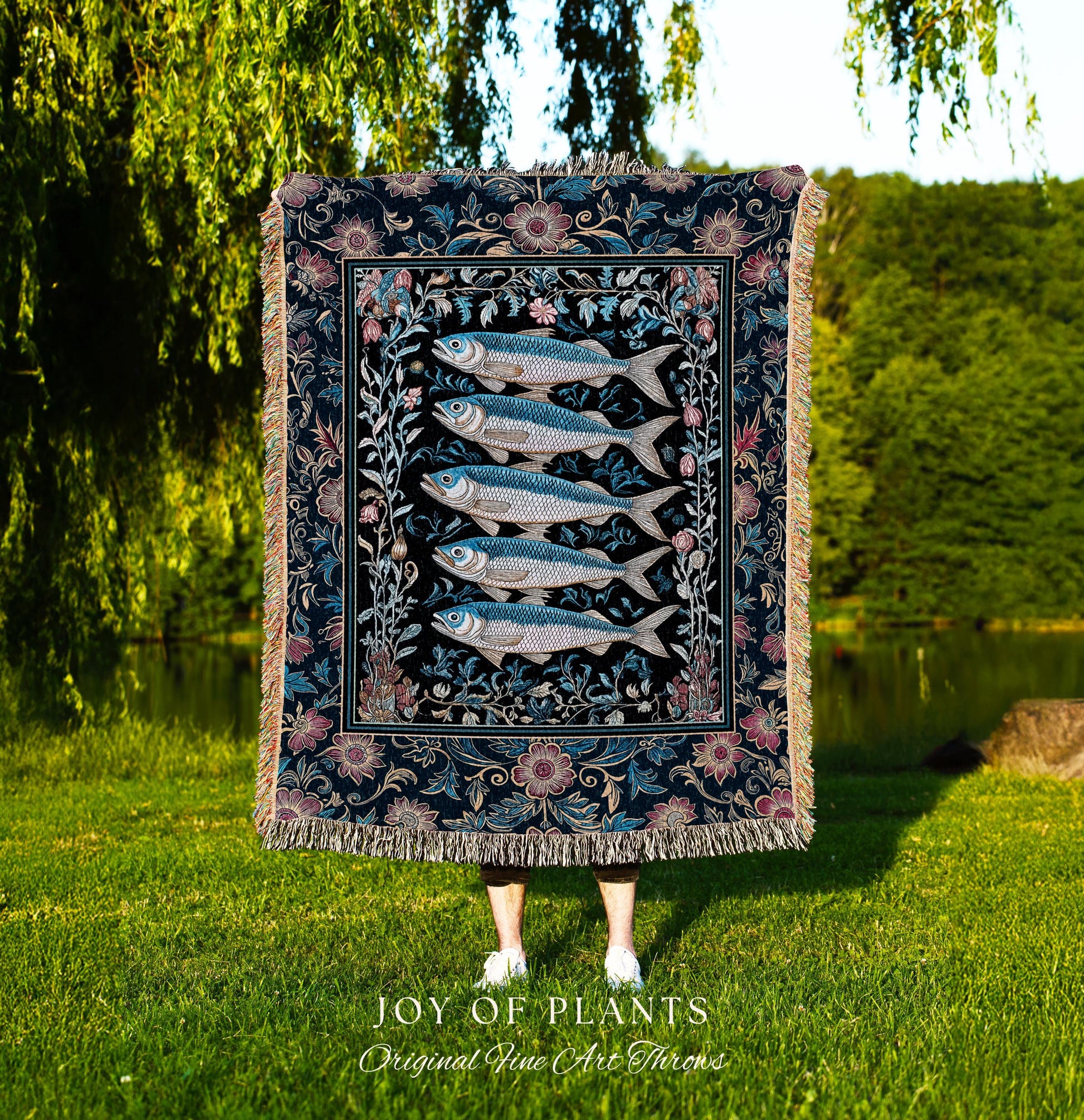 Whimsical Sea Life Sardine Woven Blanket | Cozy Nautical Lake House Throw Eclectic Coastal Aesthetic Maxmialist Tapestry Vintage Sea Life |