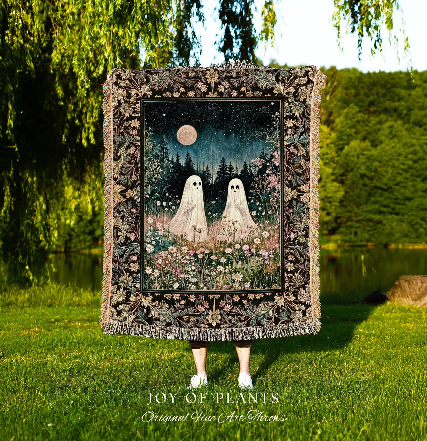 Autumn Spirits Lunar Meadow Ghost Throw | Spirit Tapestry Spooky Season Cottagecore Decor Gothic Enchantment Floral Blanket Woodland Fairy