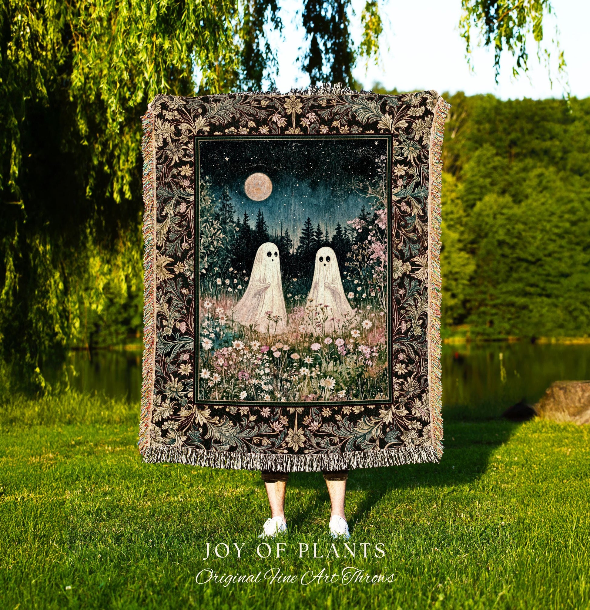 Autumn Spirits Lunar Meadow Ghost Throw | Spirit Tapestry Spooky Season Cottagecore Decor Gothic Enchantment Floral Blanket Woodland Fairy