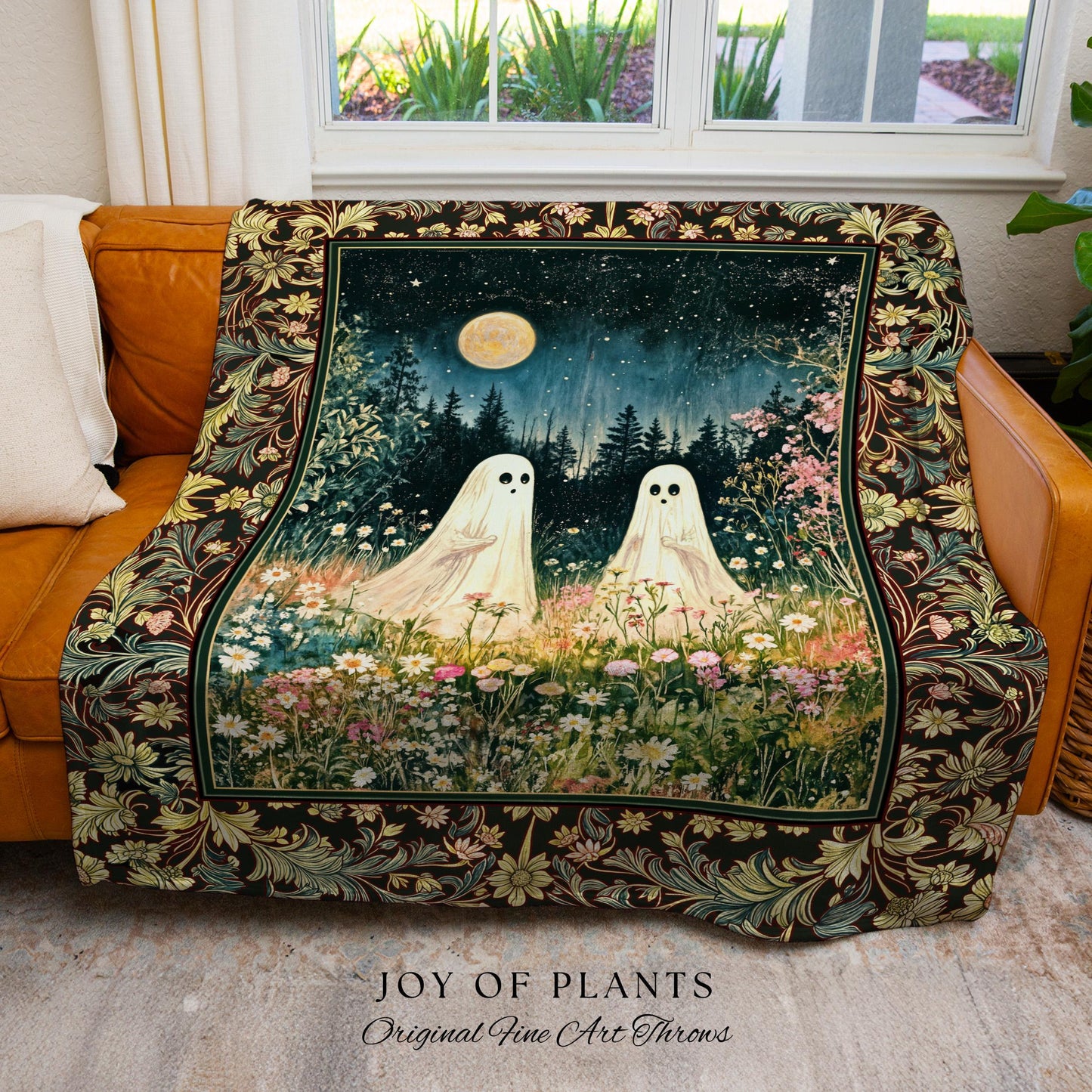 Autumn Spirits Lunar Meadow Ghost Throw | Spirit Tapestry Spooky Season Cottagecore Decor Gothic Enchantment Floral Blanket Woodland Fairy