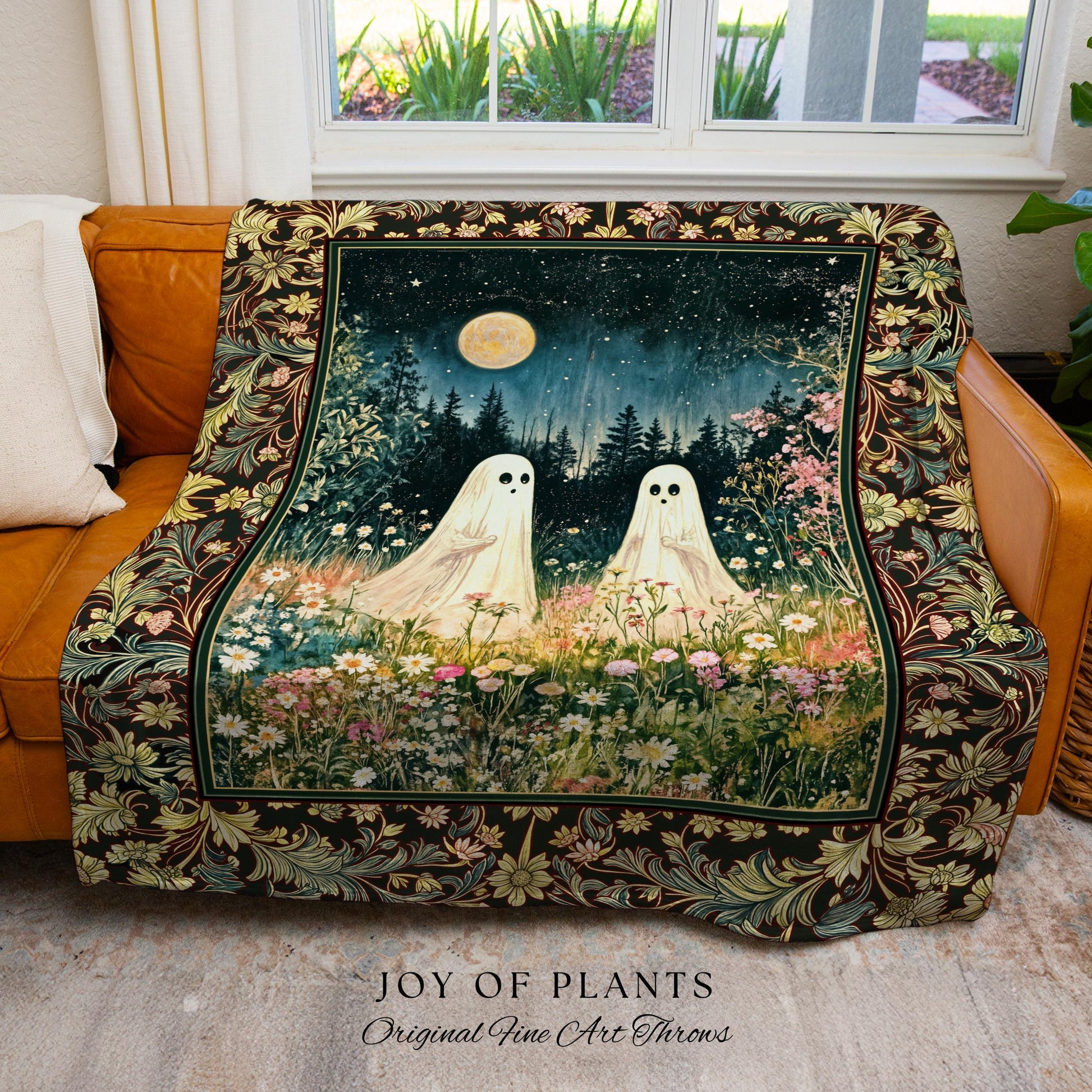 Autumn Spirits Lunar Meadow Ghost Throw | Spirit Tapestry Spooky Season Cottagecore Decor Gothic Enchantment Floral Blanket Woodland Fairy