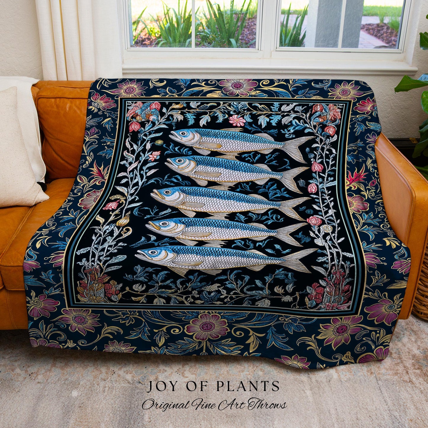 Whimsical Sea Life Sardine Woven Blanket | Cozy Nautical Lake House Throw Eclectic Coastal Aesthetic Maxmialist Tapestry Vintage Sea Life |