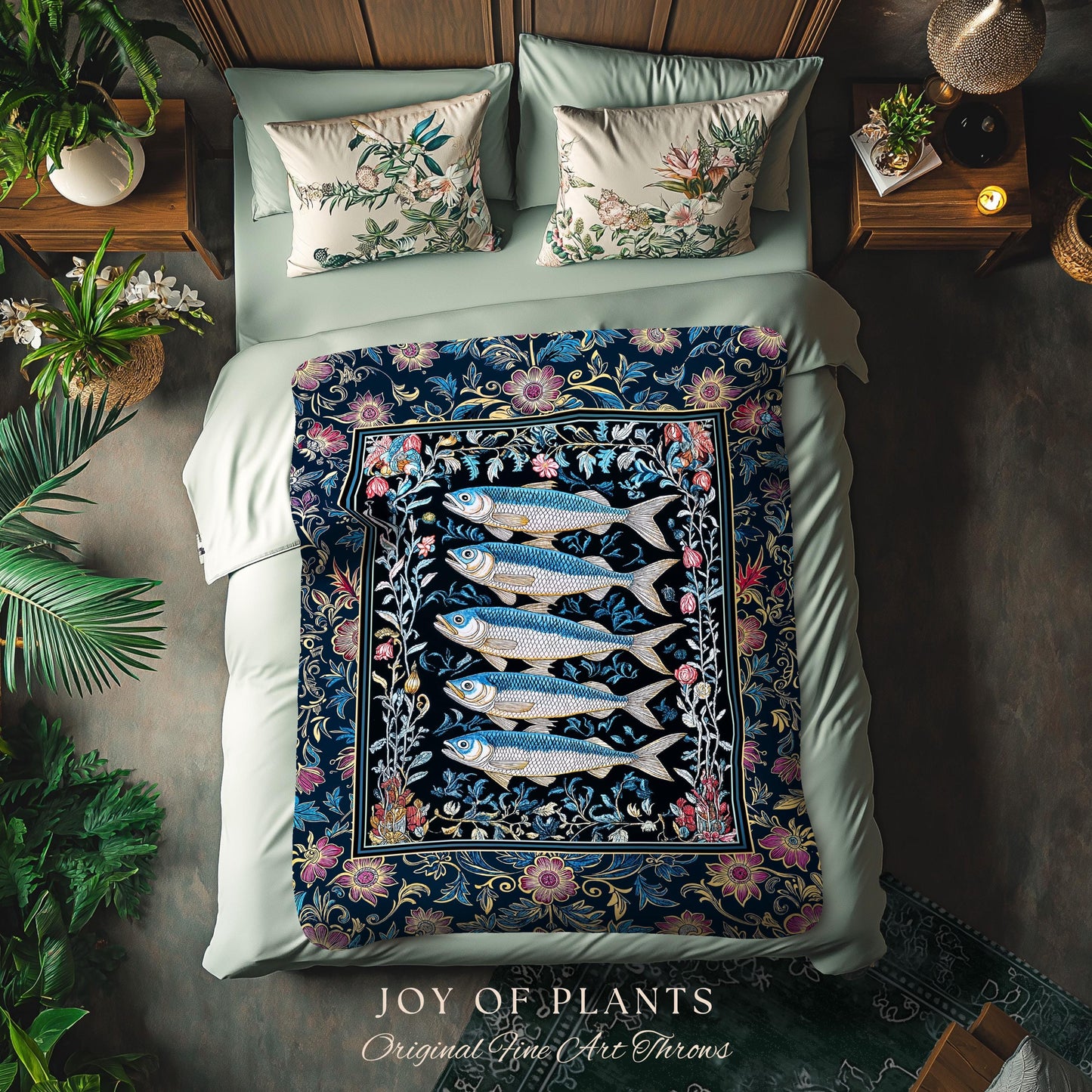 Whimsical Sea Life Sardine Woven Blanket | Cozy Nautical Lake House Throw Eclectic Coastal Aesthetic Maxmialist Tapestry Vintage Sea Life |
