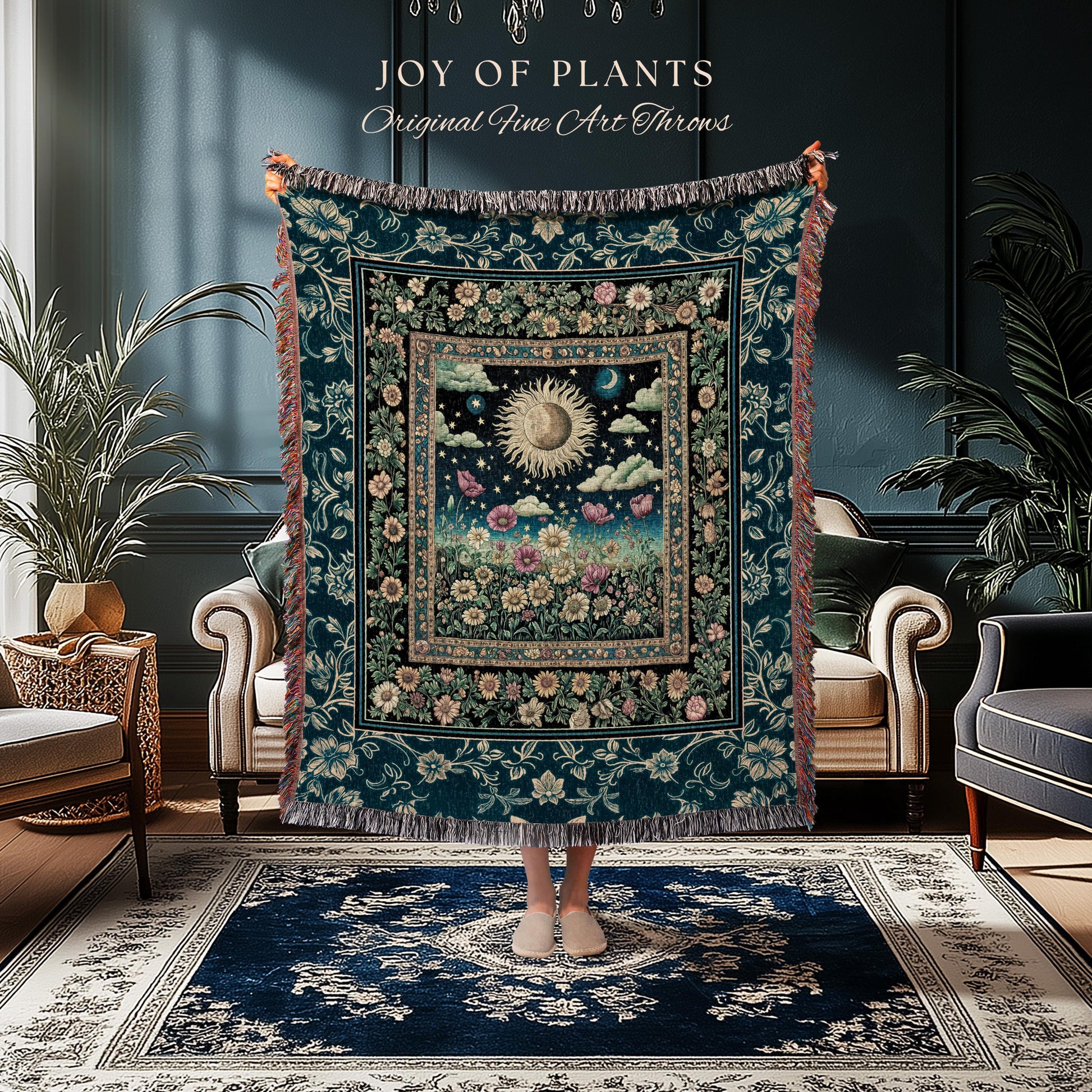 Floral Gothic Celestial Tapestry Woven | Witchy Tarot Sun Moon Stars Spiritual Tarot Decor Bohemian Indie Bedroom Cozy Cottagecore Aesthetic