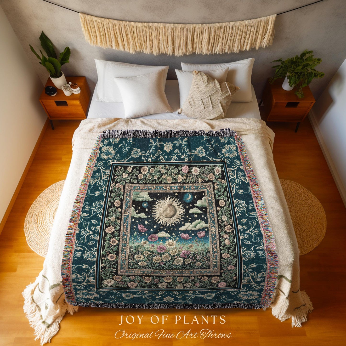 Floral Gothic Celestial Tapestry Woven | Witchy Tarot Sun Moon Stars Spiritual Tarot Decor Bohemian Indie Bedroom Cozy Cottagecore Aesthetic