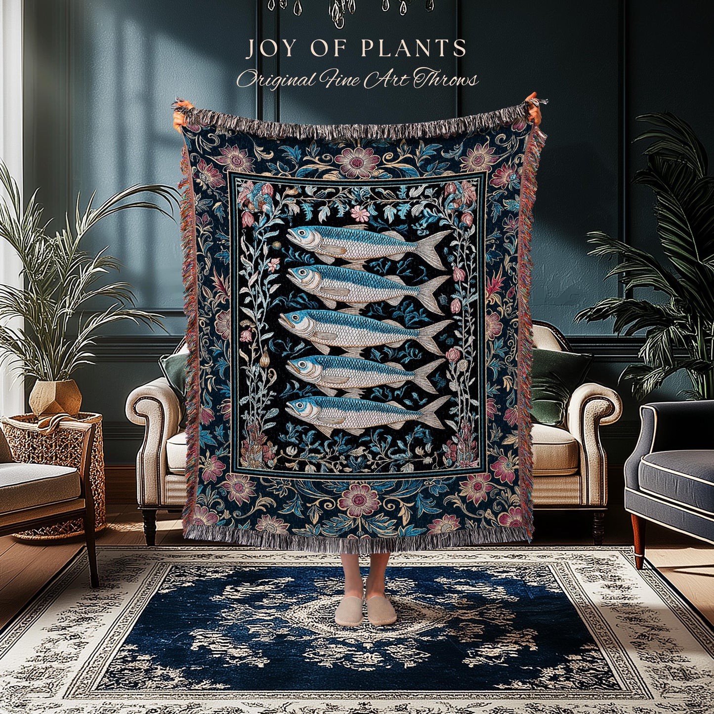 Whimsical Sea Life Sardine Woven Blanket | Cozy Nautical Lake House Throw Eclectic Coastal Aesthetic Maxmialist Tapestry Vintage Sea Life |