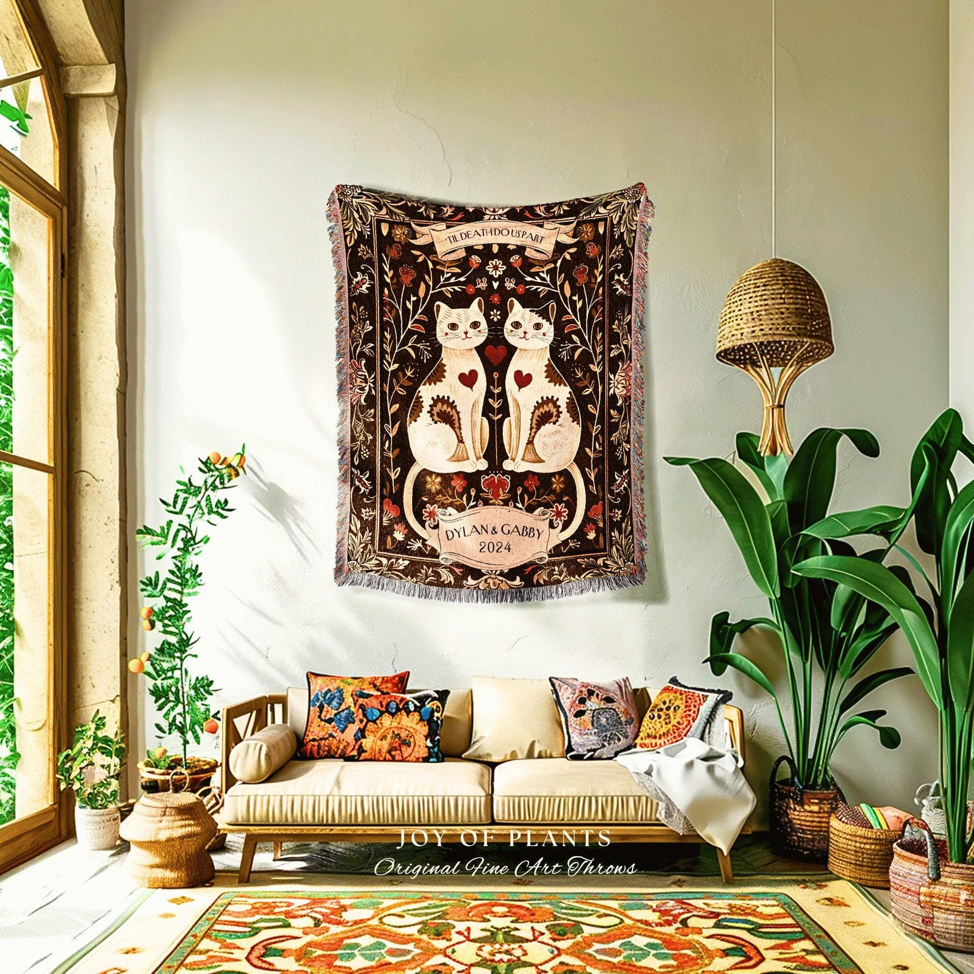 Cat Blanket 'Til Death do us Part' Personalized | Boho Aesthetic Woven Throw Custom His and Hers Gift for Cat Lover Scandinavian Tapestry |