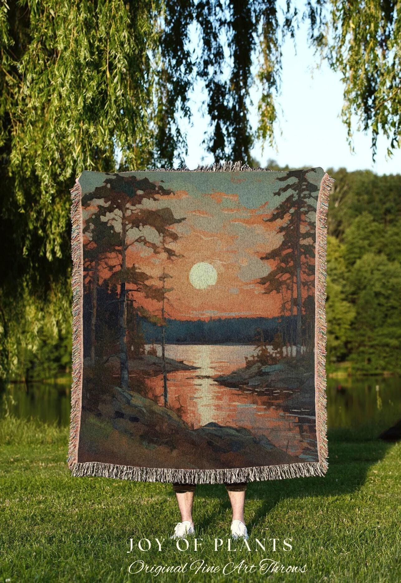 Moody Sunset Blanket | Boho Mountain Tapestry Rustic Home Decor Housewarming Gift Blanket Cactus Aesthetic Blanket Moody Lakehouse Wall Art