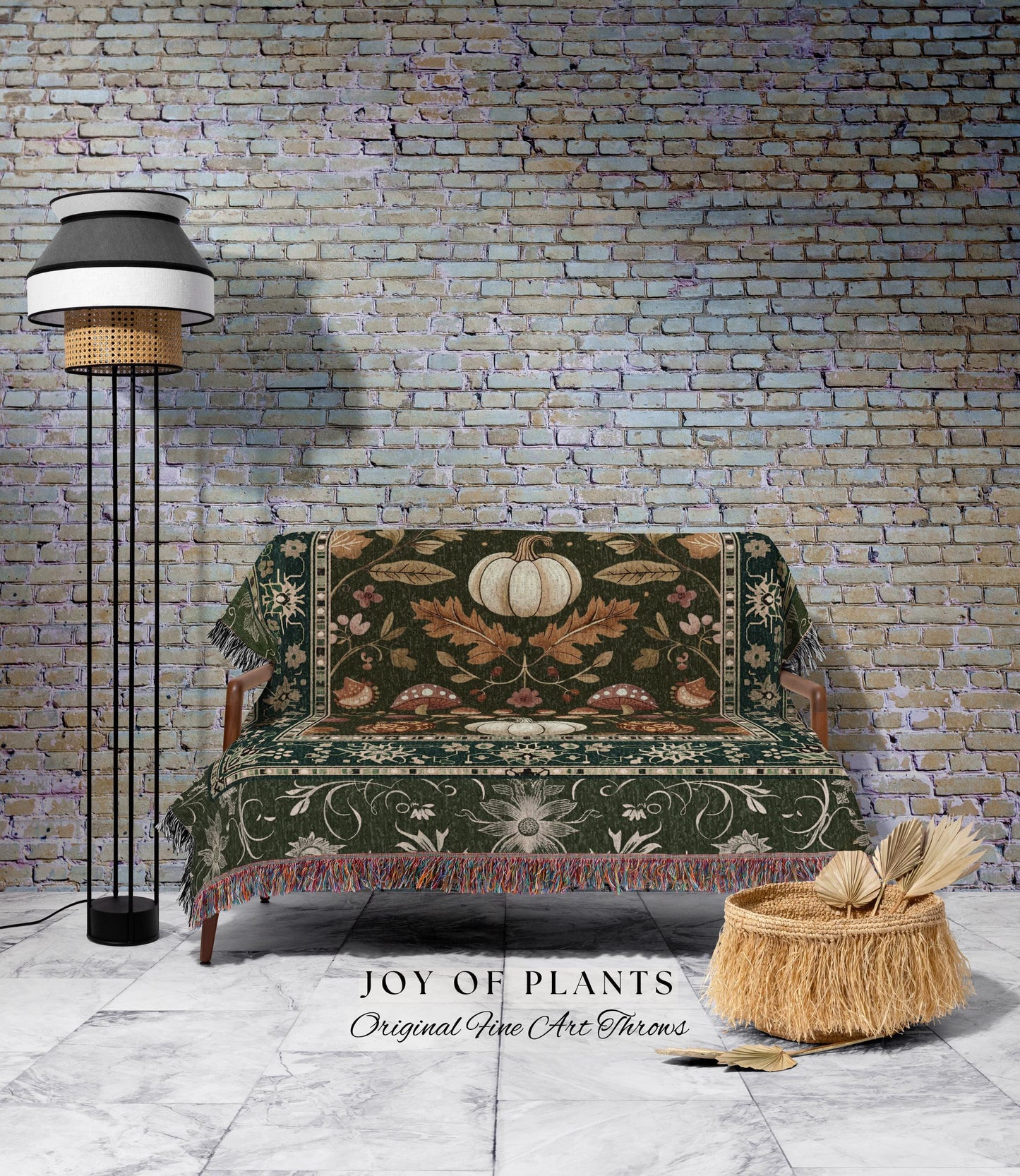 Botanical Sage Green Pumpkin Throw Autumn Floral Decor Cozy Cottagecore Decor | Rustic Harvest Pumpkin Whimsical Fall Home Woven Blanket