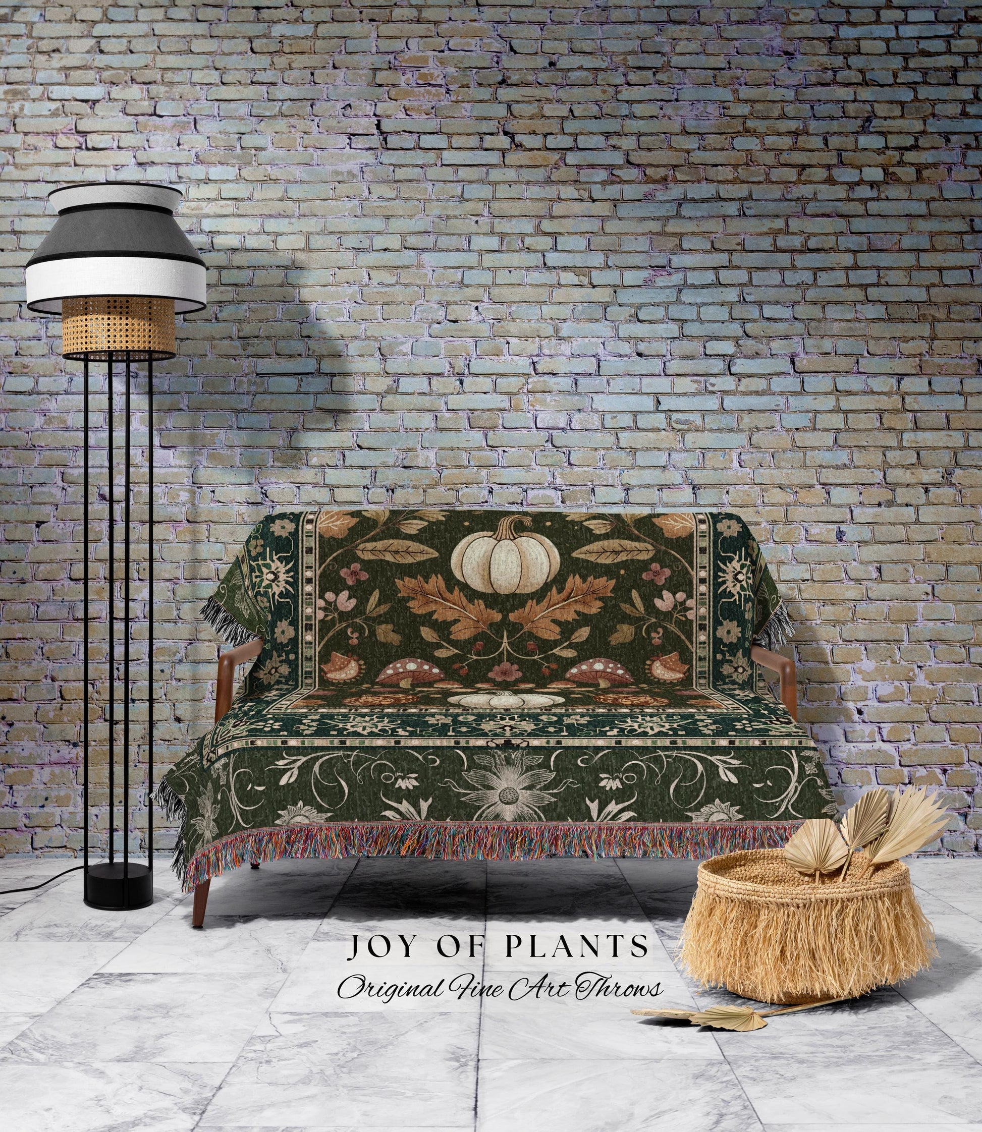 Botanical Sage Green Pumpkin Throw Autumn Floral Decor Cozy Cottagecore Decor | Rustic Harvest Pumpkin Whimsical Fall Home Woven Blanket