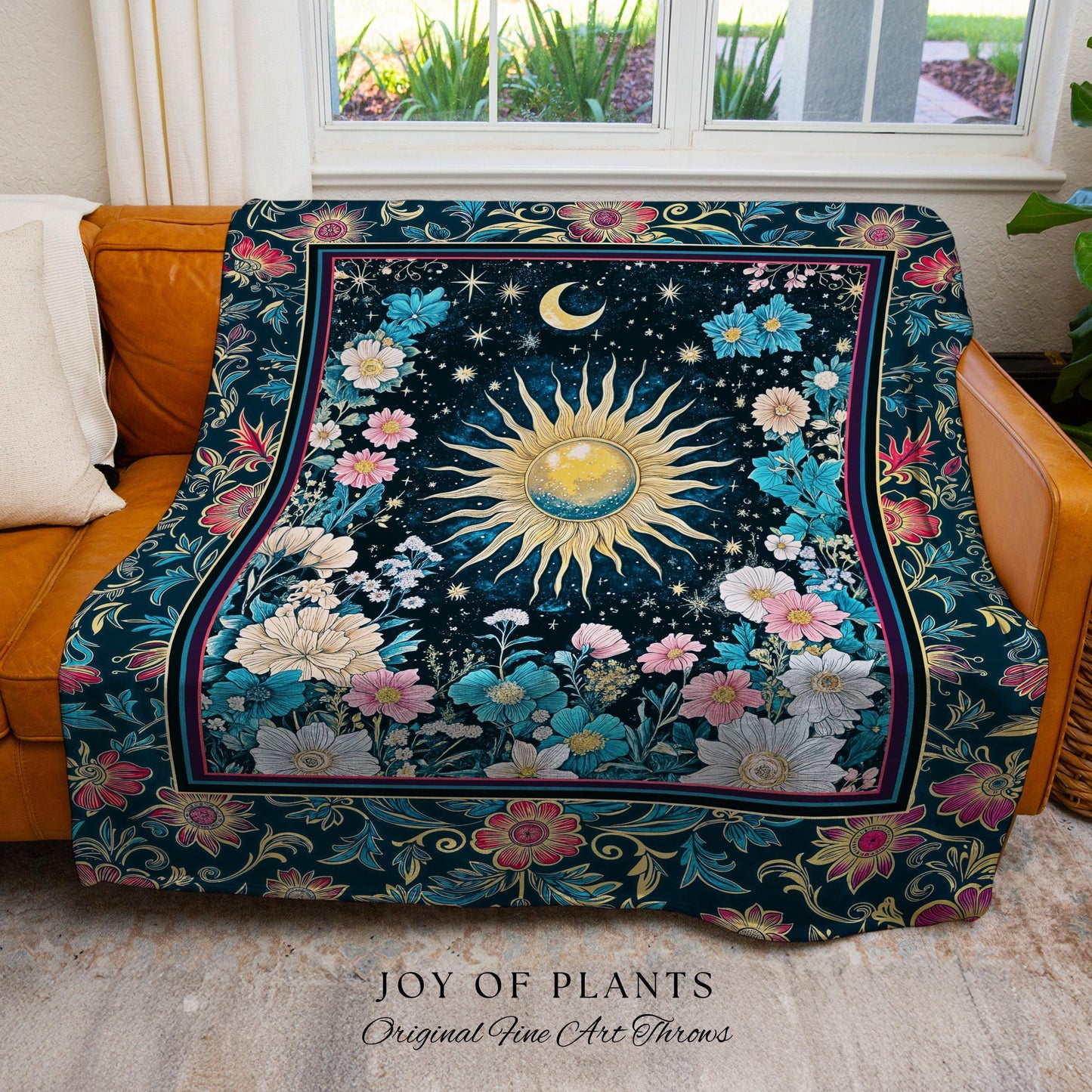 Celestial Sun Rustic Wall Tapestry | Eclectic Bedroom Accent Wildflowers Tapestry Cosmic Astrology Throw Blanket Psychedelic Tarot Decor |