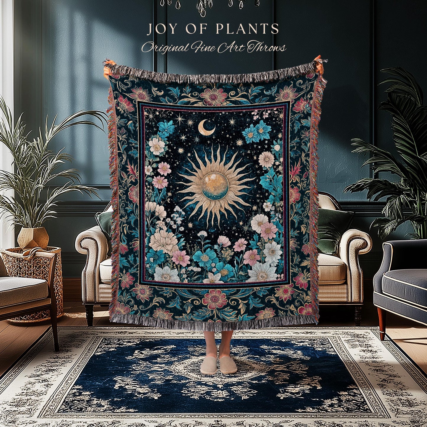 Celestial Sun Rustic Wall Tapestry | Eclectic Bedroom Accent Wildflowers Tapestry Cosmic Astrology Throw Blanket Psychedelic Tarot Decor |