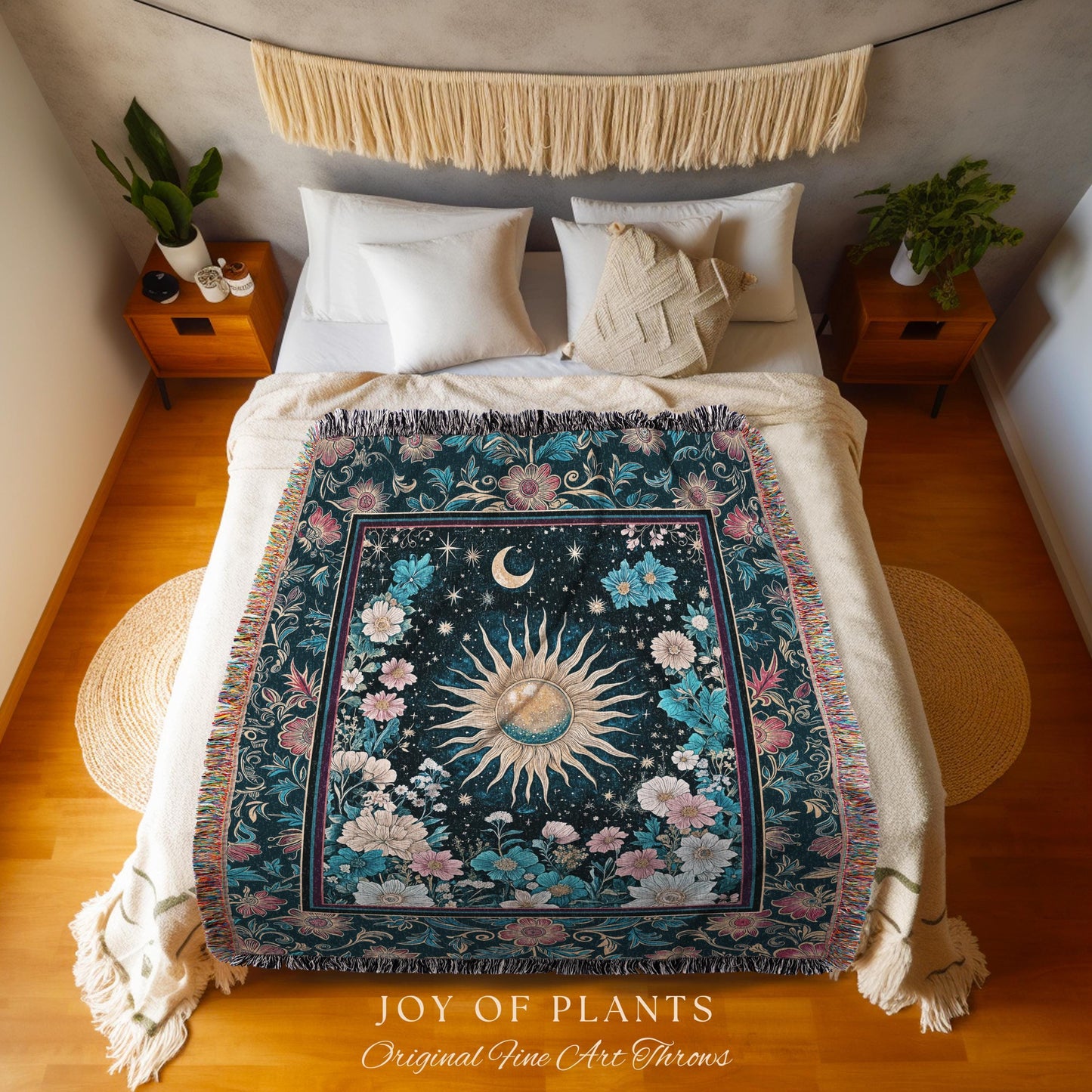 Celestial Sun Rustic Wall Tapestry | Eclectic Bedroom Accent Wildflowers Tapestry Cosmic Astrology Throw Blanket Psychedelic Tarot Decor |