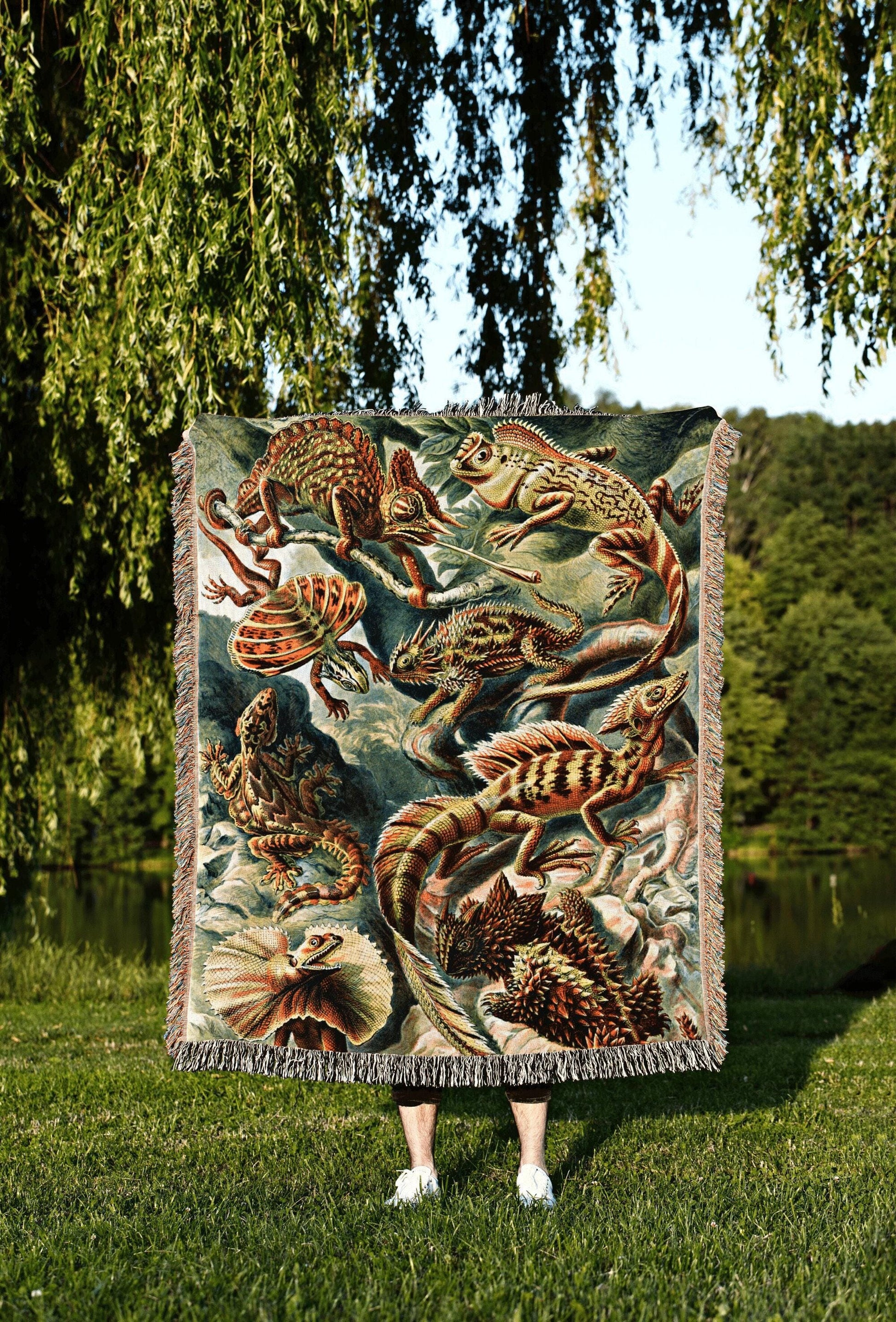 Wall Art Lizard Woven Tapestry | Ernst Haeckel Art Woven Throw Blanket | Lizard Art Woven Blanket Cotton | Maximalist Decor Wall Tapestry |