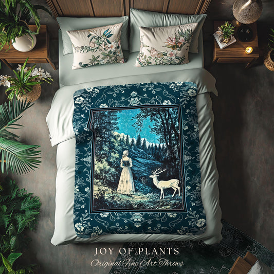 Cerulean Cottagecore Landscape Tapestry | Whimsical Nature Woodland Blanket Castlecore Throw Ancient Spirits Ethereal Medieval Bedroom Decor