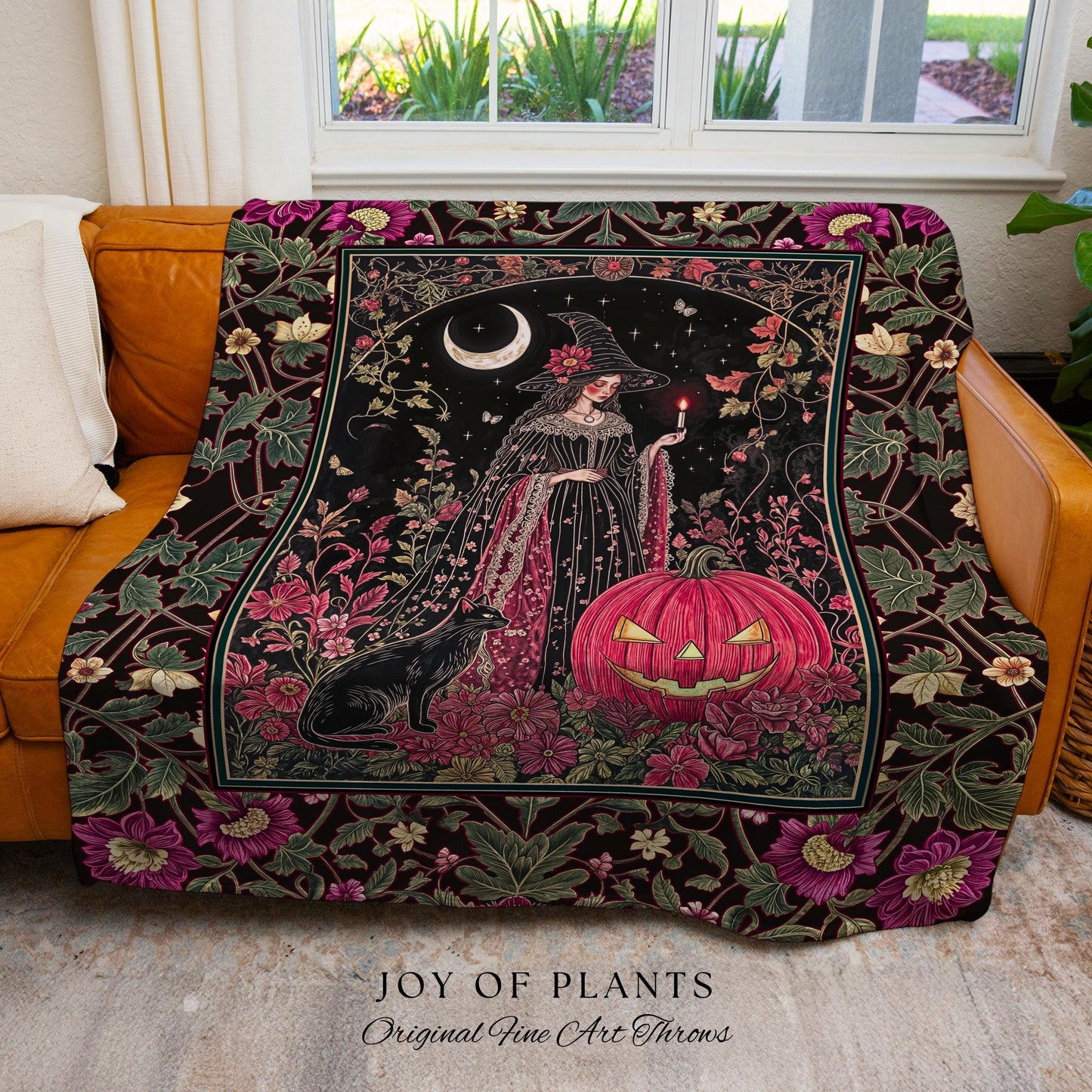 Retro Black Cat Witchy Aesthetic Blanket | Whimsigothic Decor Magical Woven Wall Tapestry Mystic Academia Cozy Dark Cottagecore Berry Pink |