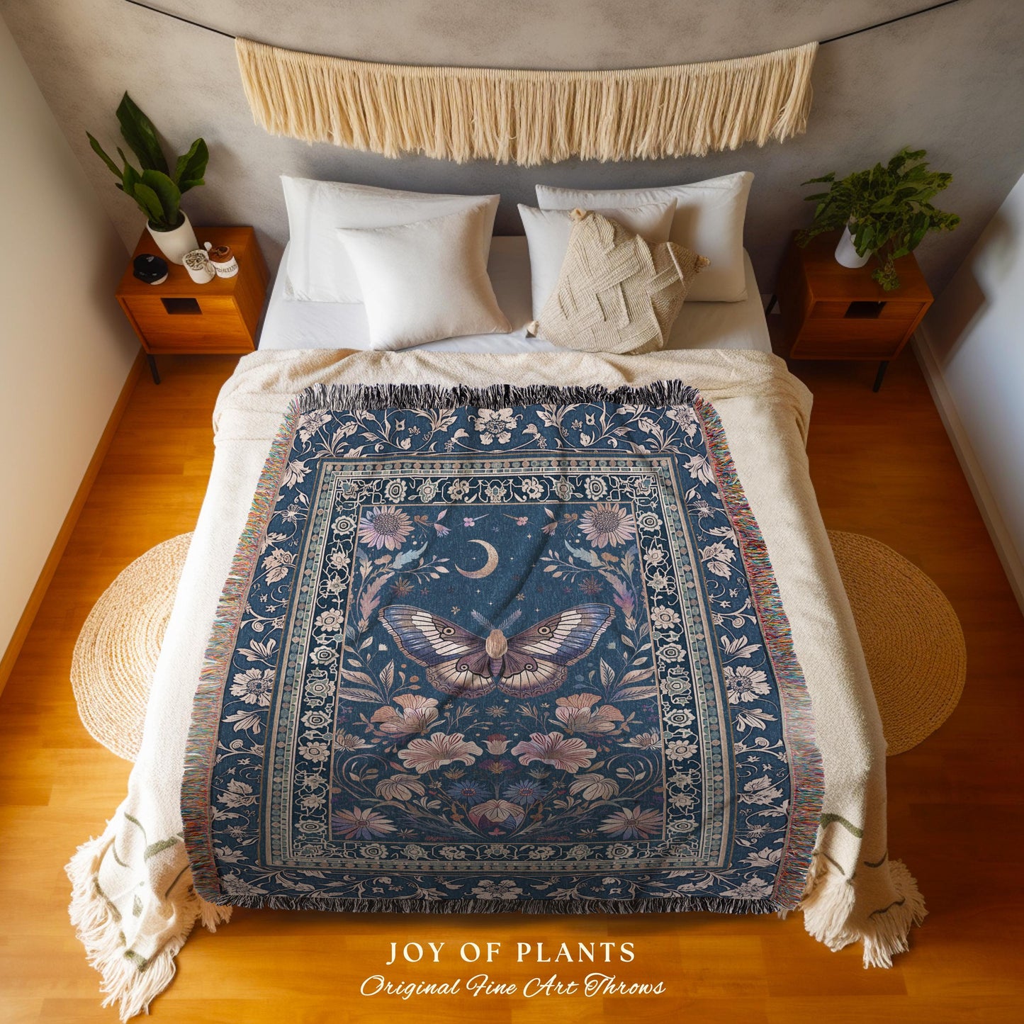 Amethyst Celestial Moth Blanket | Witchy Ethereal Bohemian Butterfly Coverlet Woven Tapestry Blanket Pea Flower Purple Dark Cottagecore Home