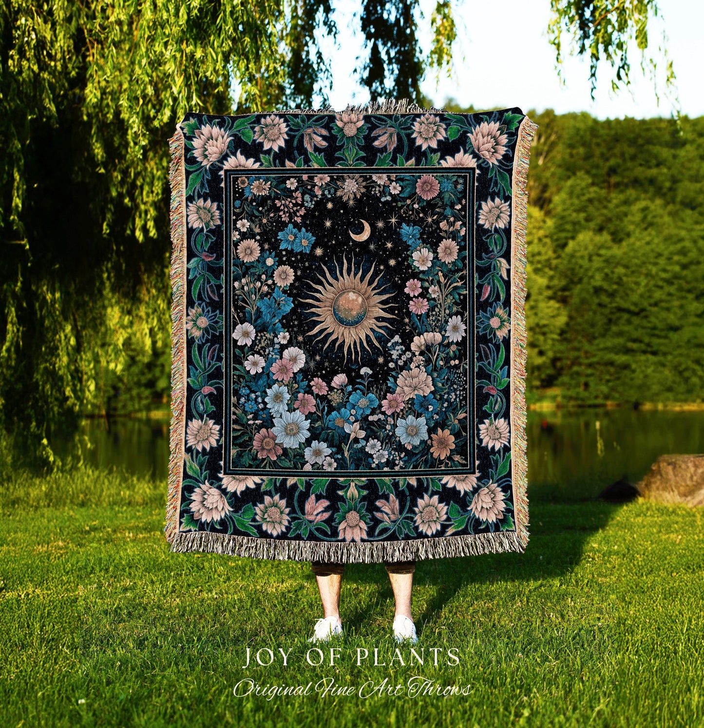 Colorful Maximalist Boho Sun Blanket | Whimsigothic Tarot Tapestry Woven Celestial Spiritual Decor Bohemian Indie Bedroom Sun and Moon Cozy
