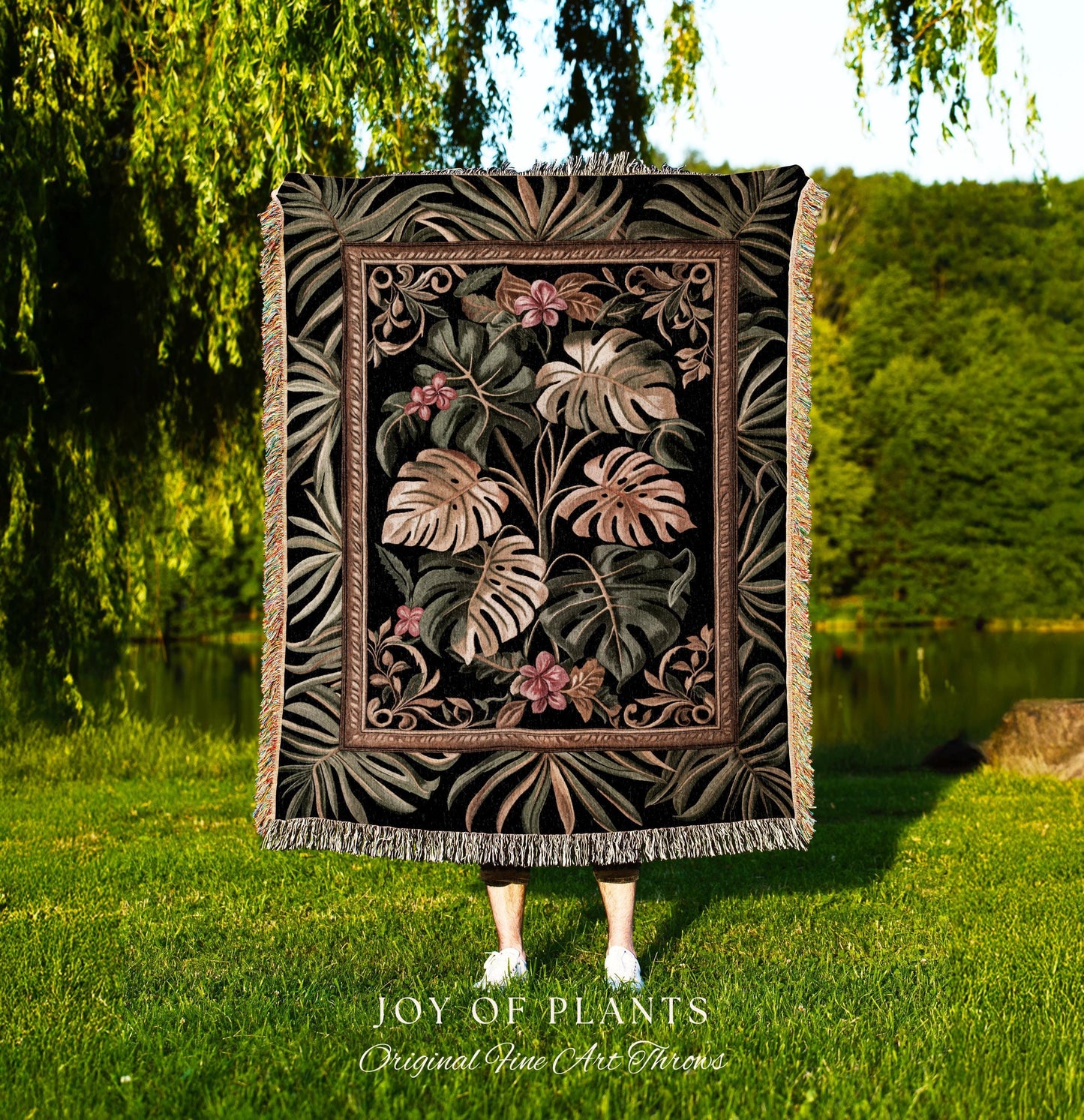 Trendy Tropical Leaves Woven Coverlet | Whimsical Wall Art Monstera Tapestry for Plant Lovers Maximalist Jungle Cottagecore Whimsy Blanket |