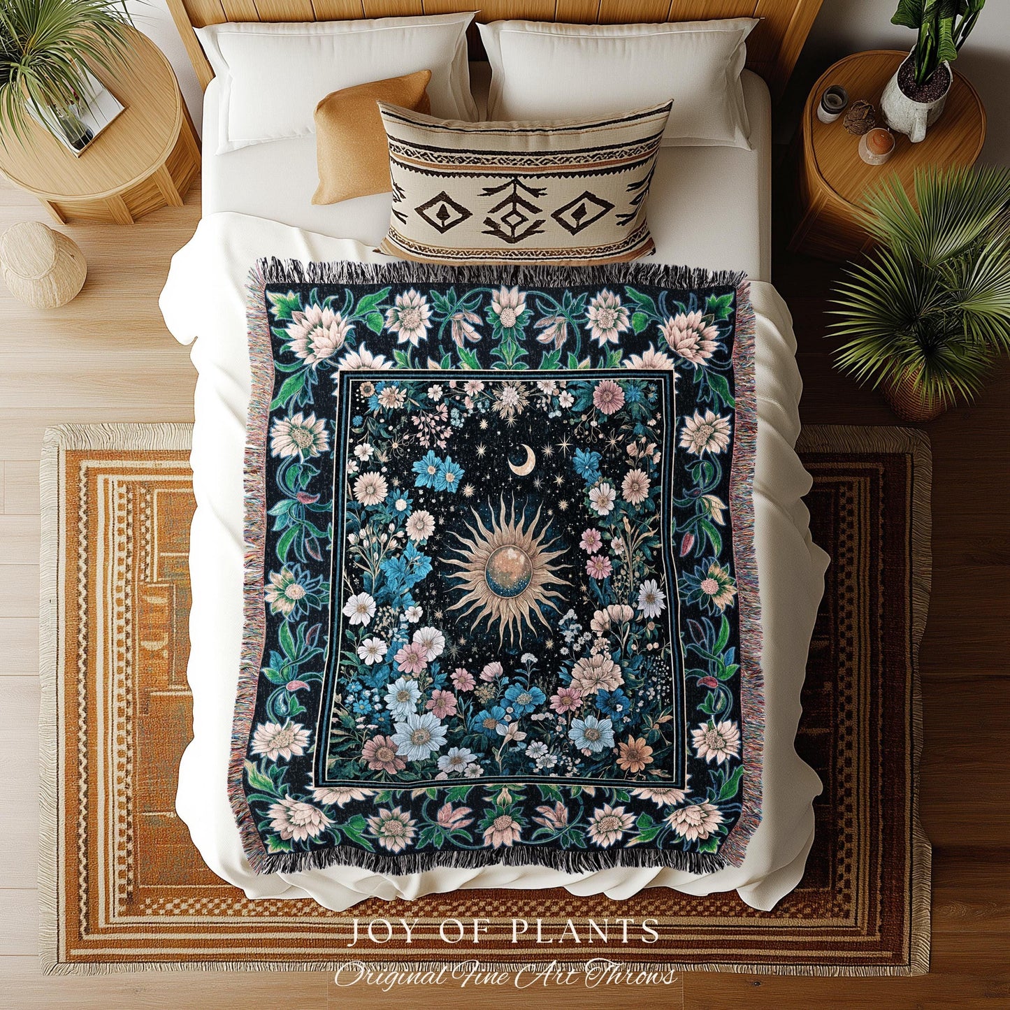 Colorful Maximalist Boho Sun Blanket | Whimsigothic Tarot Tapestry Woven Celestial Spiritual Decor Bohemian Indie Bedroom Sun and Moon Cozy