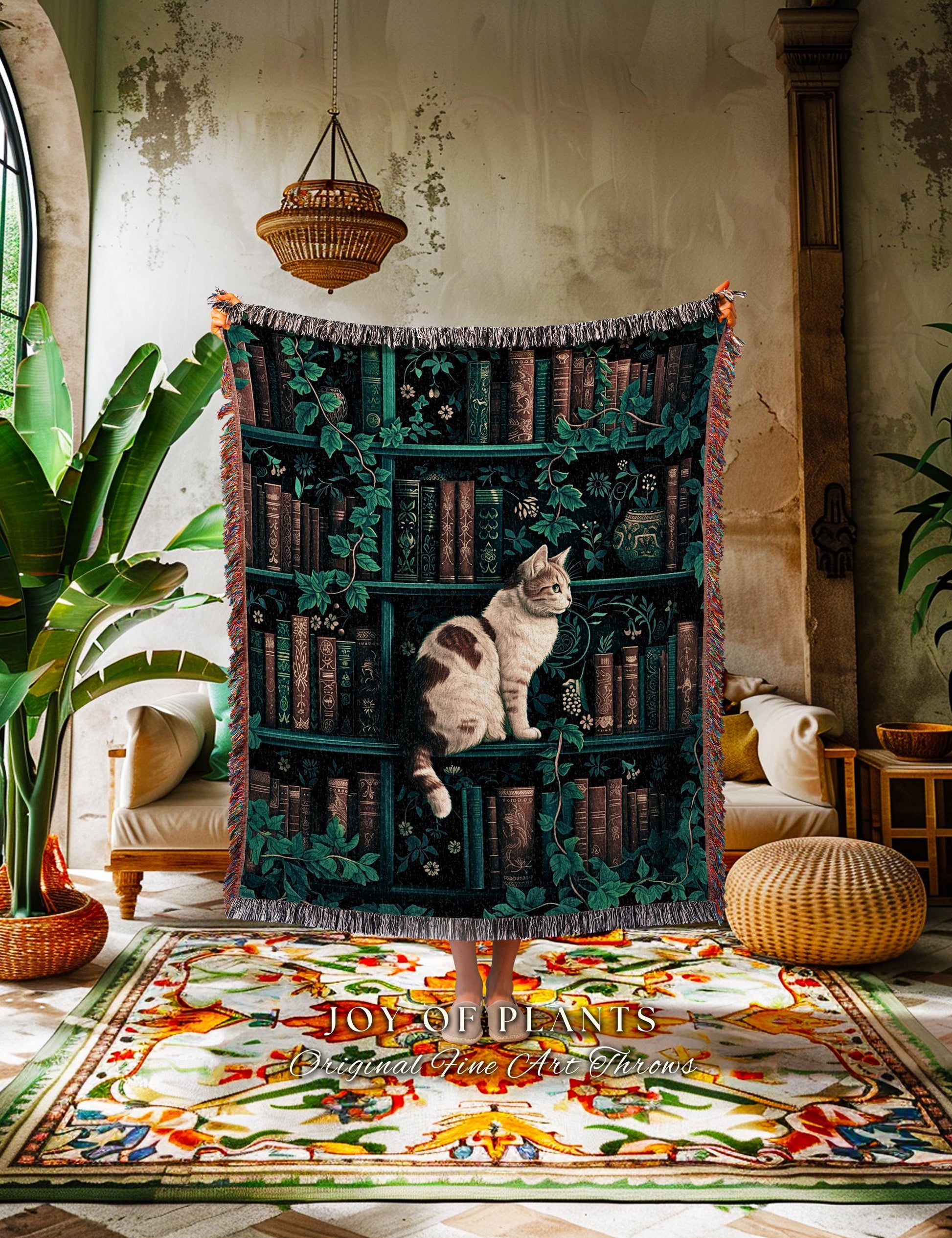 Witchy Cat Bookshelf Tapestry Gothic | Whimsigothic Bedroom Decor Reading Blanket Dark Cottagecore Woven Wall Hanging Vintage Botanical Cozy