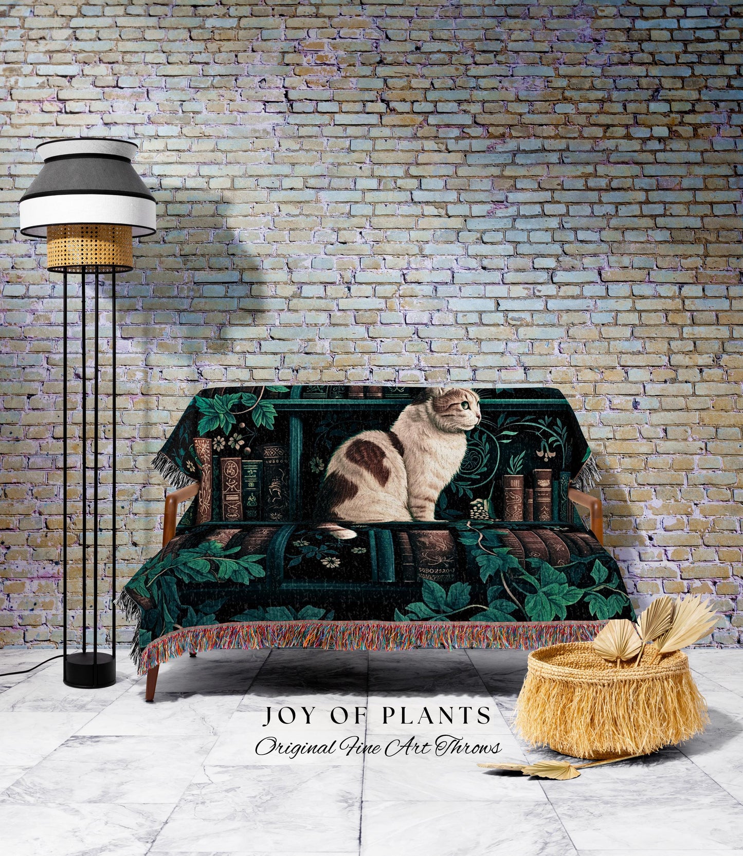 Witchy Cat Bookshelf Tapestry Gothic | Whimsigothic Bedroom Decor Reading Blanket Dark Cottagecore Woven Wall Hanging Vintage Botanical Cozy