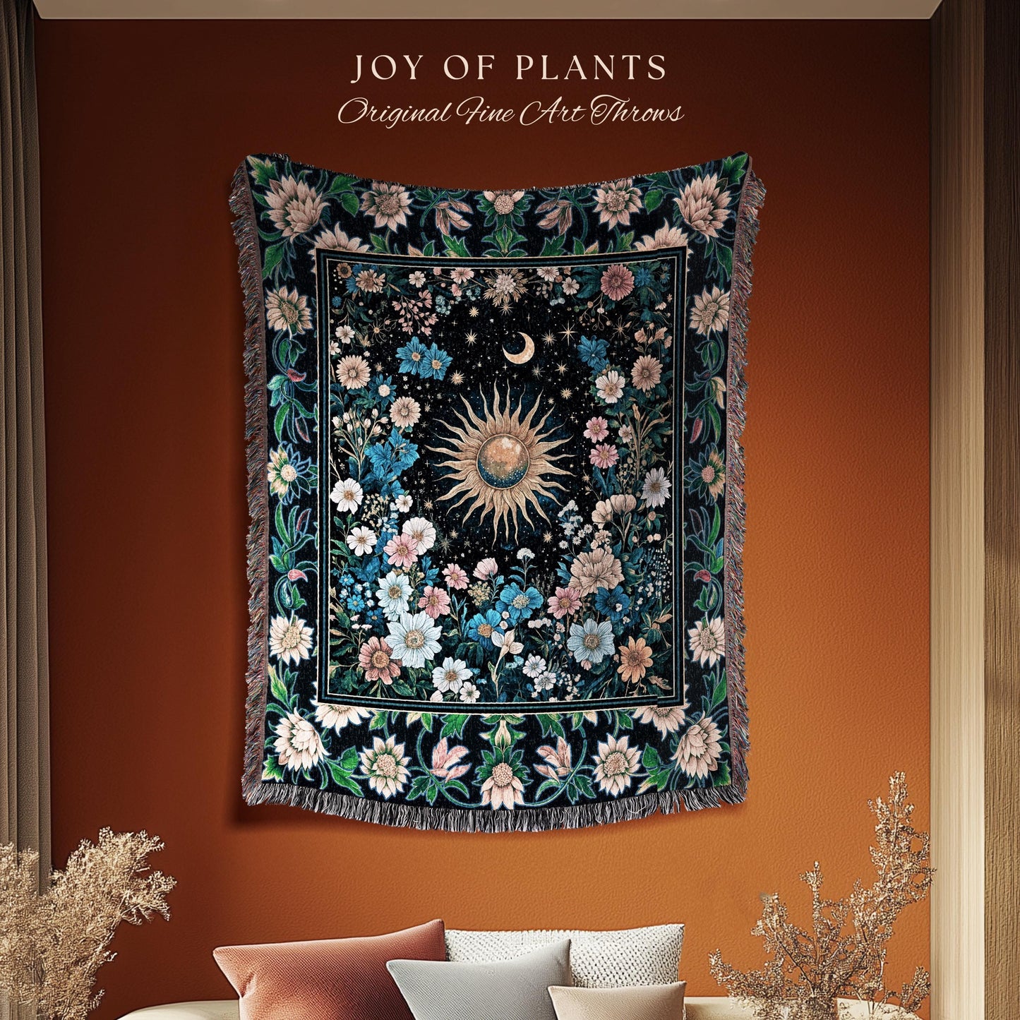 Colorful Maximalist Boho Sun Blanket | Whimsigothic Tarot Tapestry Woven Celestial Spiritual Decor Bohemian Indie Bedroom Sun and Moon Cozy