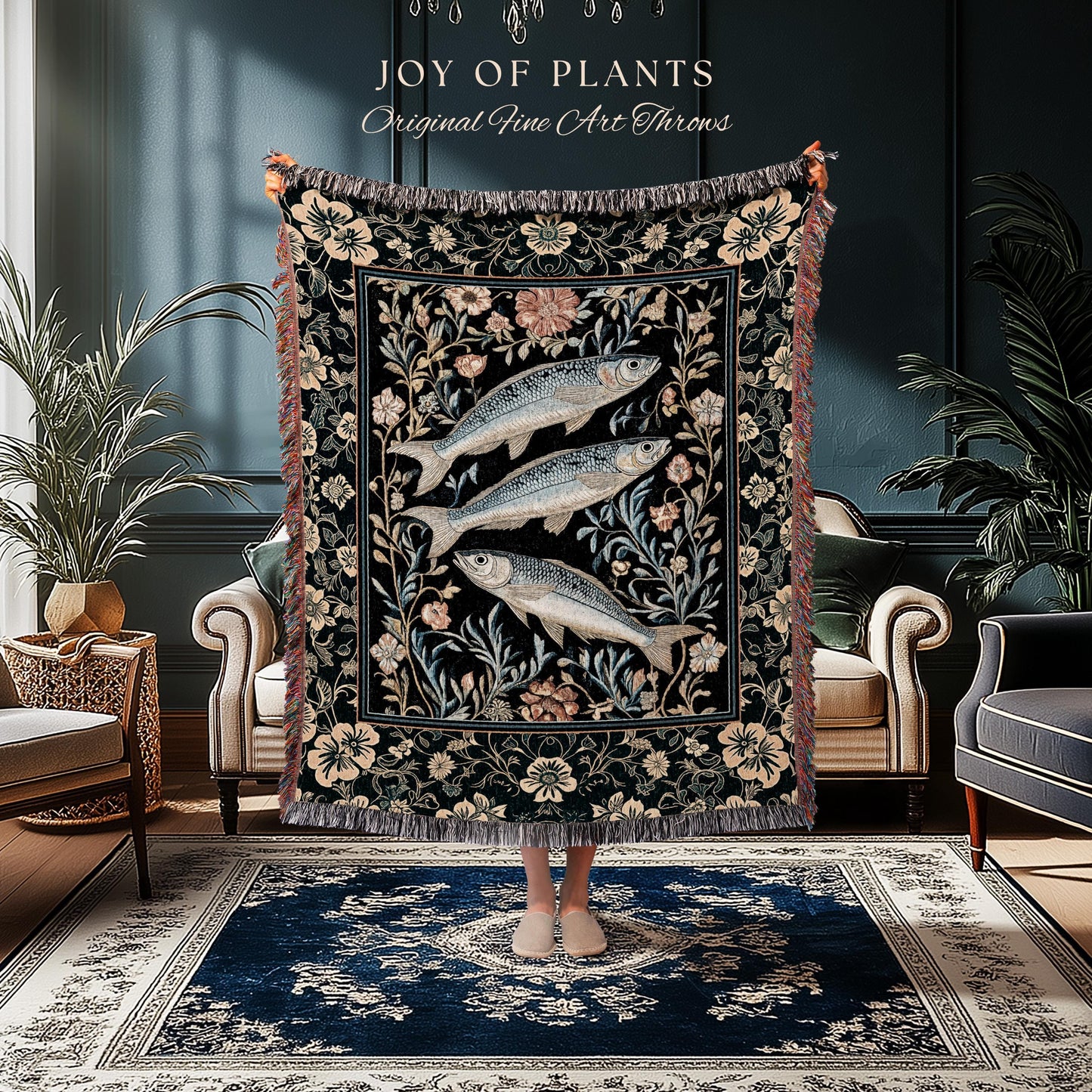Beachy Costal Fish Tapestry Woven | Sea Life Marine Blanket Sardine Throw Ocean Inspired Tapestry Sea Lover Wall Decor Maritime Aesthetic |
