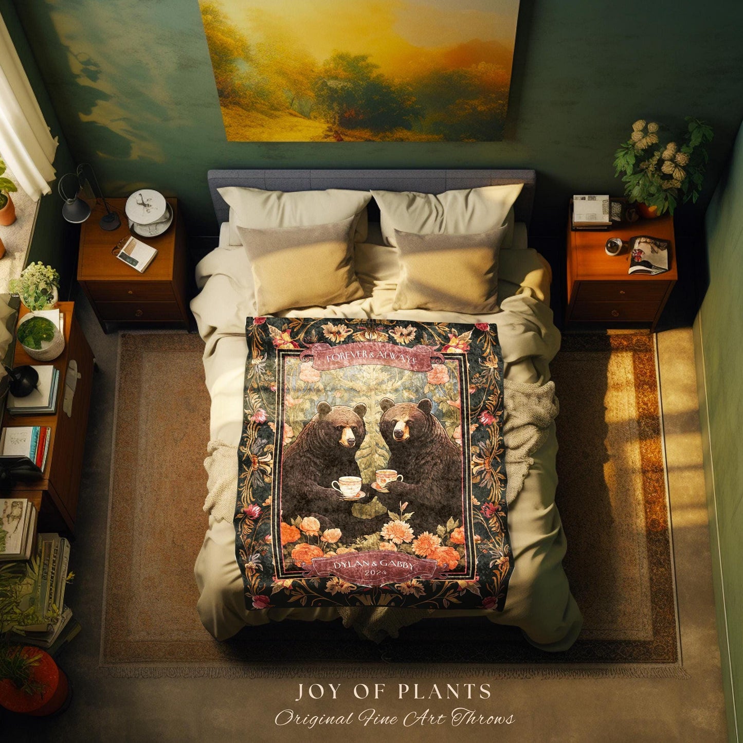 May include: A black and green throw blanket with two bears holding teacups. The blanket has a floral design and the text 'Forever & Always' and 'Colleen & Grady 2024'.