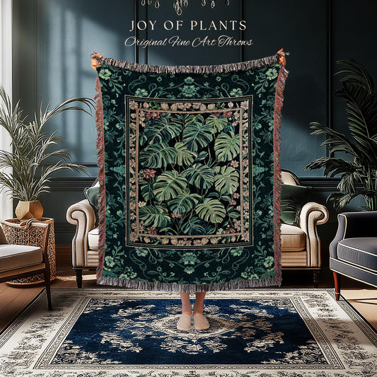 Dark Woodland Maximalist Monstera Tapestry | Tropigoth Botanical Bedroom Houseplant Lover Bedding Forestcore Costal Aesthetic Woven Blanket