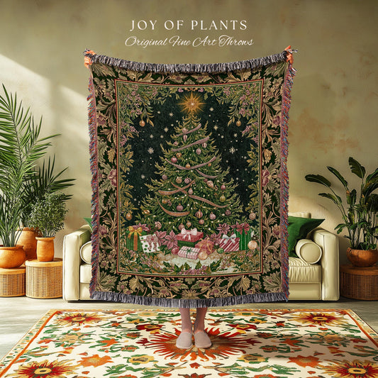 Cottagecore Holiday Tree Blanket | Rustic Christmas Present Tapestry Whimsical Decor Festive Bohemian Style Woven Throw Vintage Cozy Winter