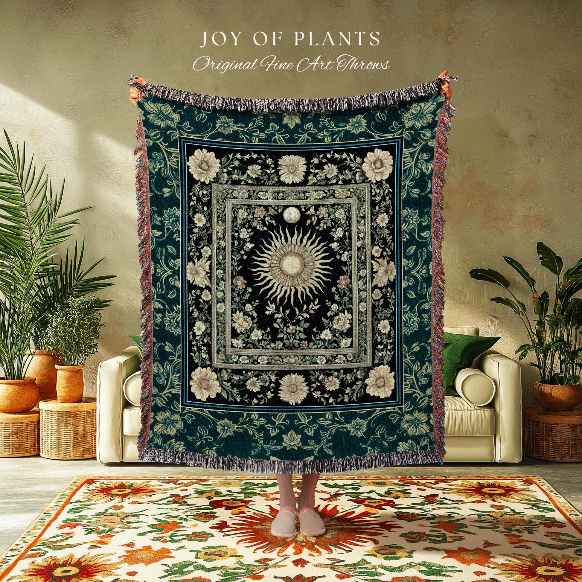 Witchy Celestial Sun Tapestry Woven | Magical Mystical Cozy Throw Blanket Astrology Tapestry Spiritual Golden Sun Dark Academia Maximalist |