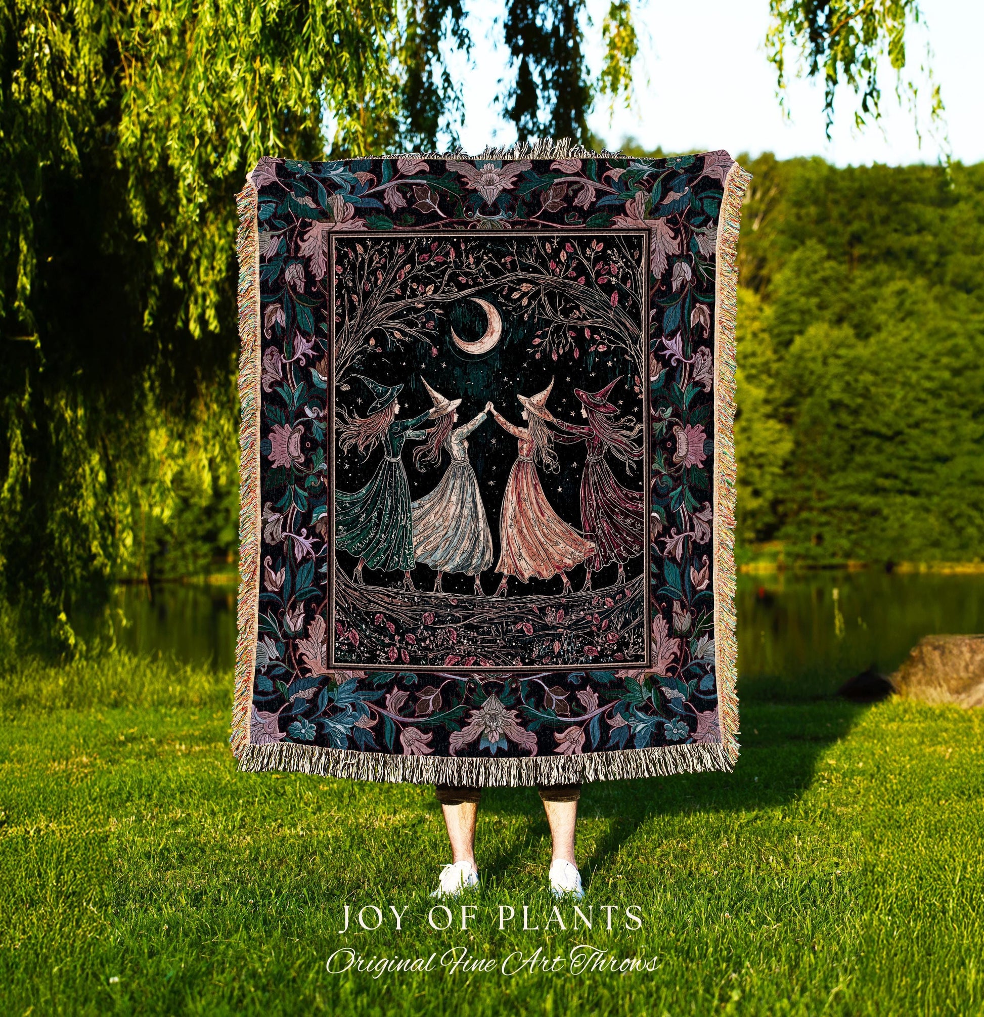 Mystic Midnight Witchcraft Throw Blanket | Whimsical Witch Circle Home Decor Storybook Aesthetic Woven Tapestry Witchy Academia Cozy Vibe |