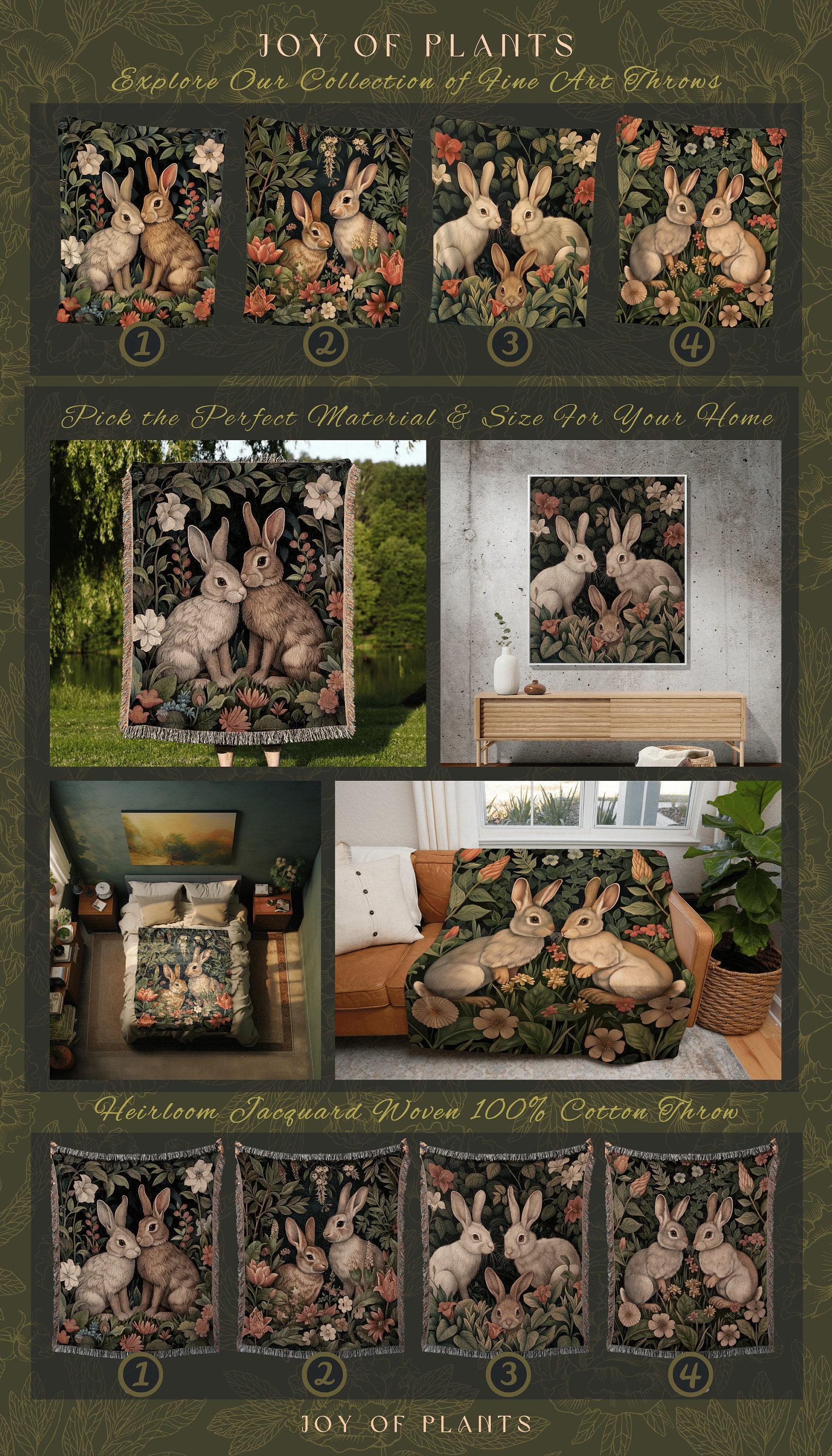 Folklore Bunnies Woven Blanket | Wildflower Tapestry Boho Room Decor Woodland Aesthetic Fairy Core Throw Woven Wallhanging Cottagecore |