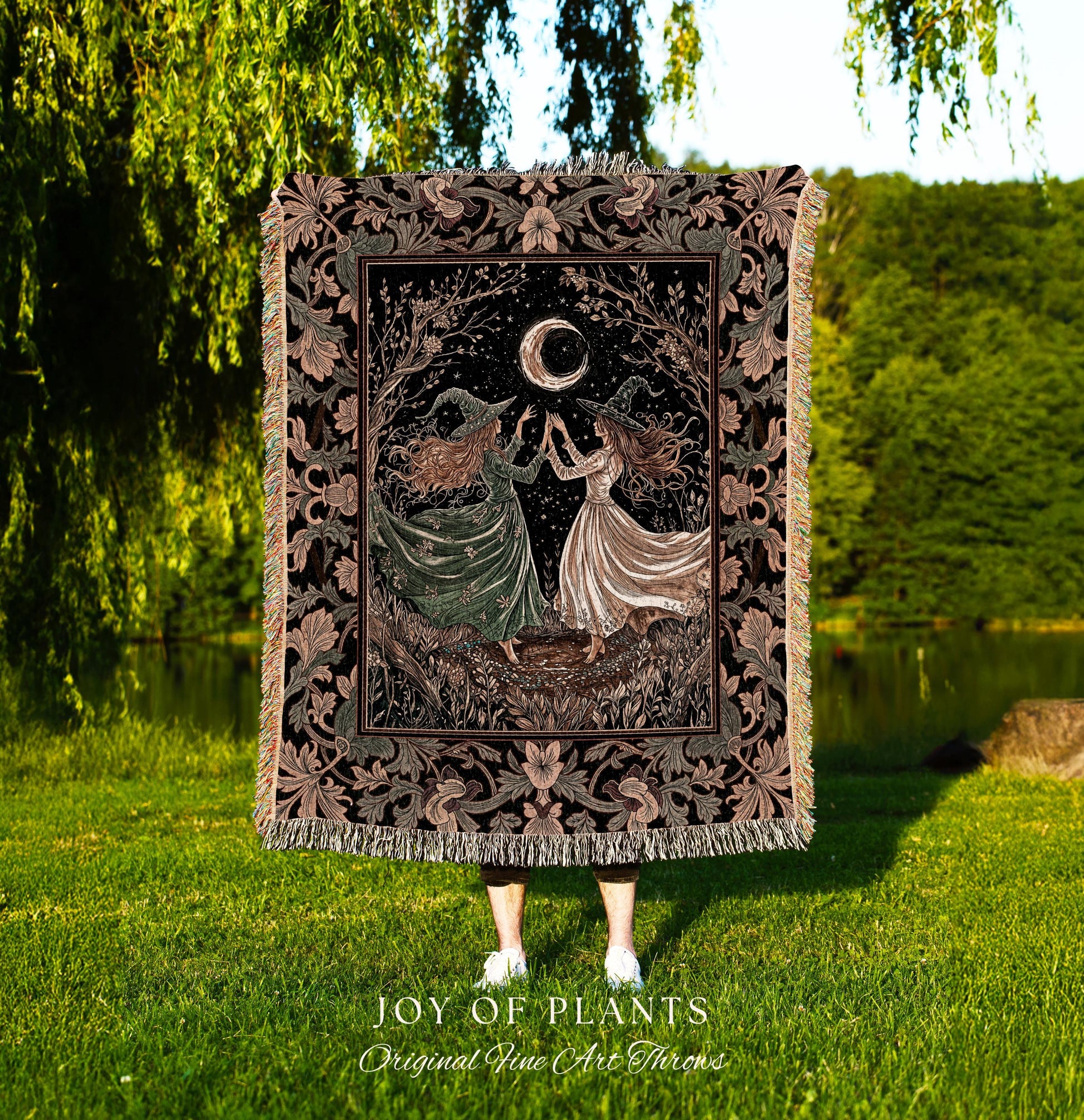 Witch Sisters Under Autumn Moon Blanket | Whimsigoth Mystic Cottagecore Throw Witchcraft Decor Dark Academia Wall Tapestry Celestial Magic