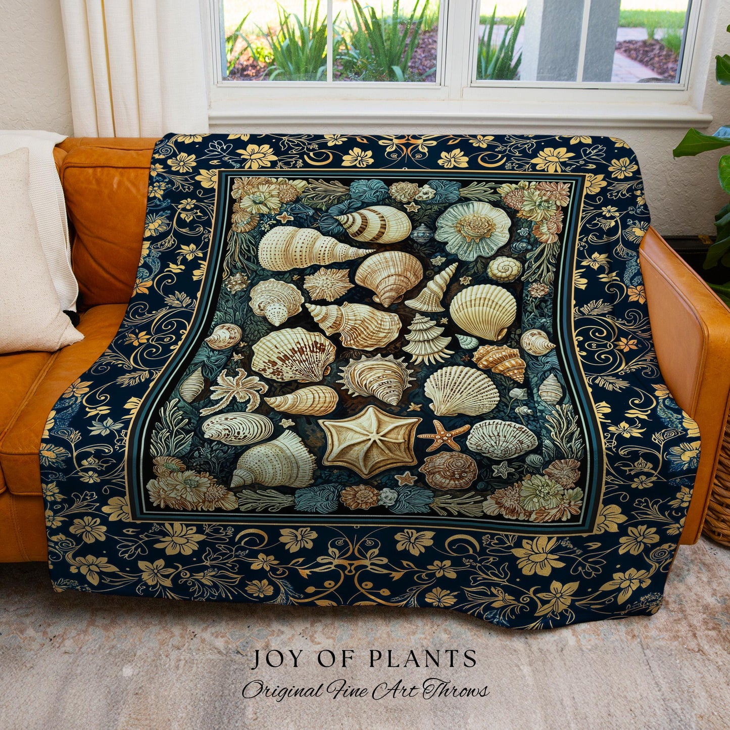 Boho Seashells Rustic Woven Throw Blanket | Coastal Inspired Beach House Bedding Summer Decorating Shell Wall Art Tapestry Nautical Artwork