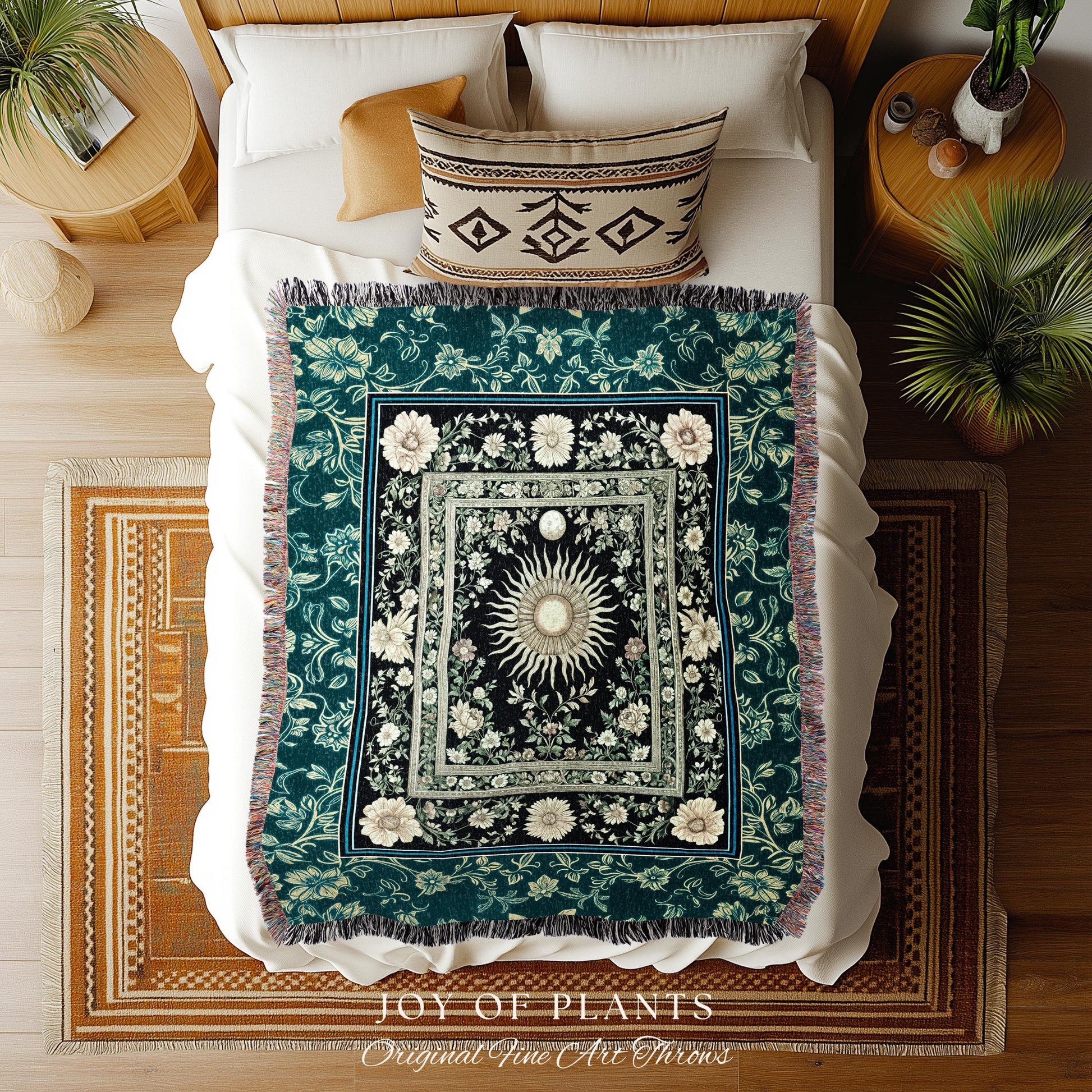 Witchy Celestial Sun Tapestry Woven | Magical Mystical Cozy Throw Blanket Astrology Tapestry Spiritual Golden Sun Dark Academia Maximalist |