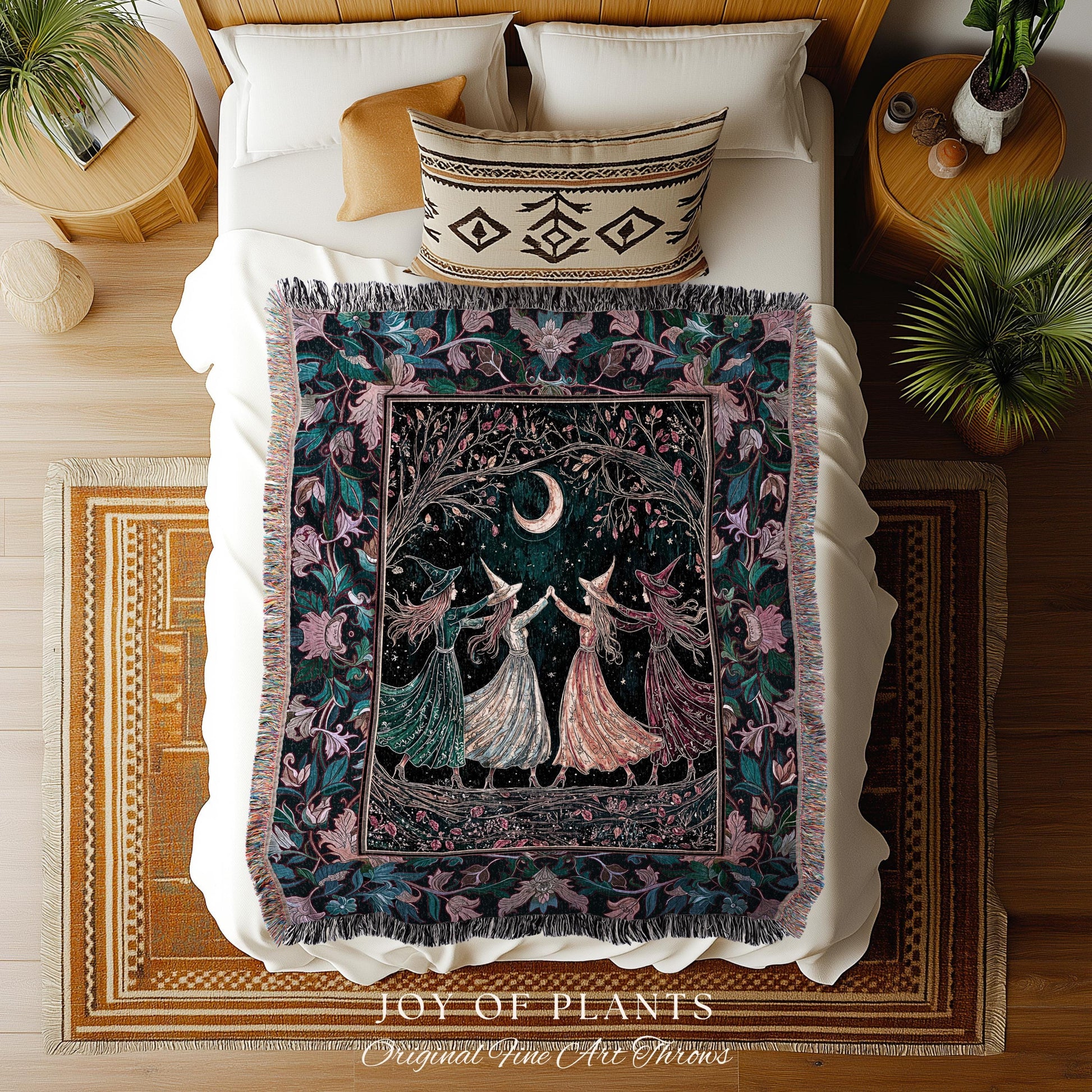 Mystic Midnight Witchcraft Throw Blanket | Whimsical Witch Circle Home Decor Storybook Aesthetic Woven Tapestry Witchy Academia Cozy Vibe |