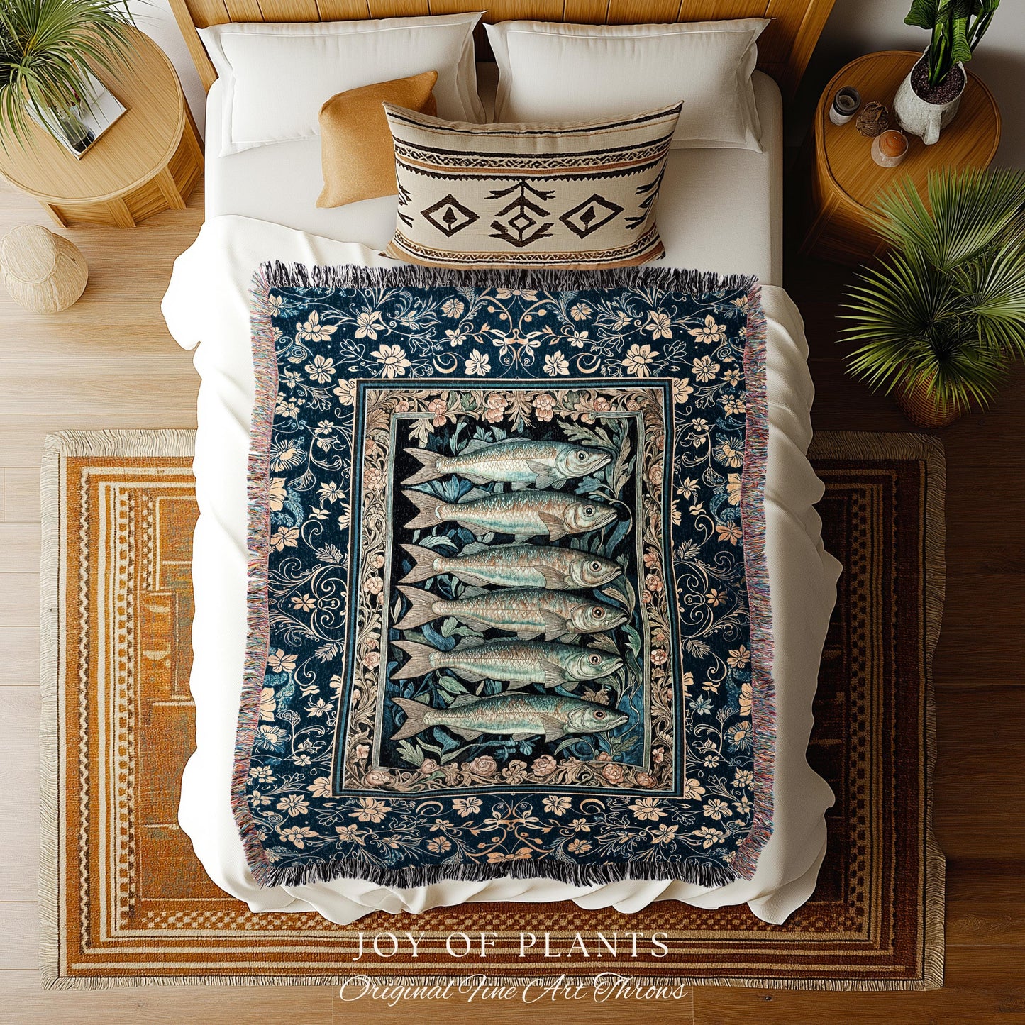 Rustic Nautical Sardine Blanket | Costal Aesthetic Woven Tapestry for Beach House Sea Lover Home Accent Ocean Inspired Marine Decor Throw