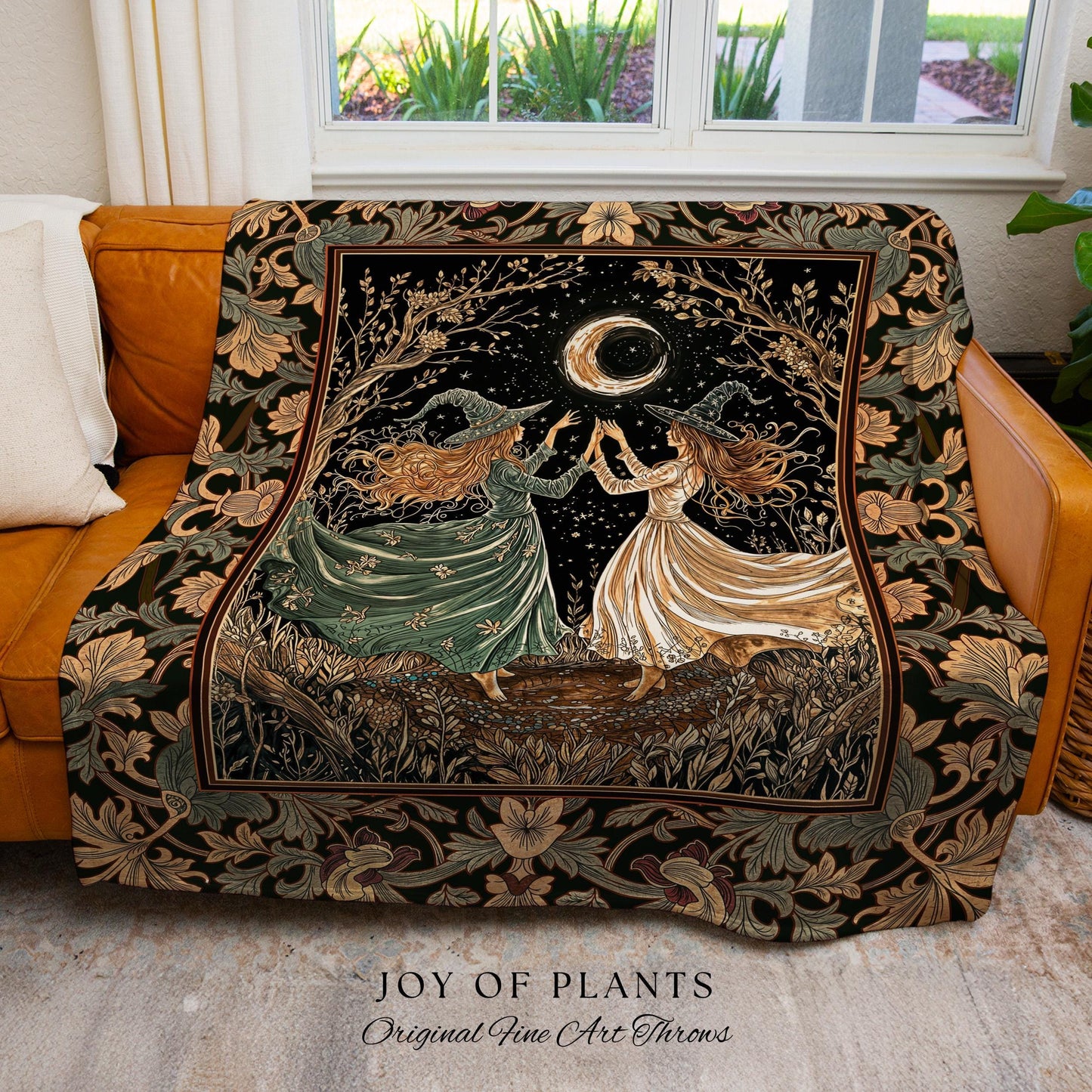 Witch Sisters Under Autumn Moon Blanket | Whimsigoth Mystic Cottagecore Throw Witchcraft Decor Dark Academia Wall Tapestry Celestial Magic