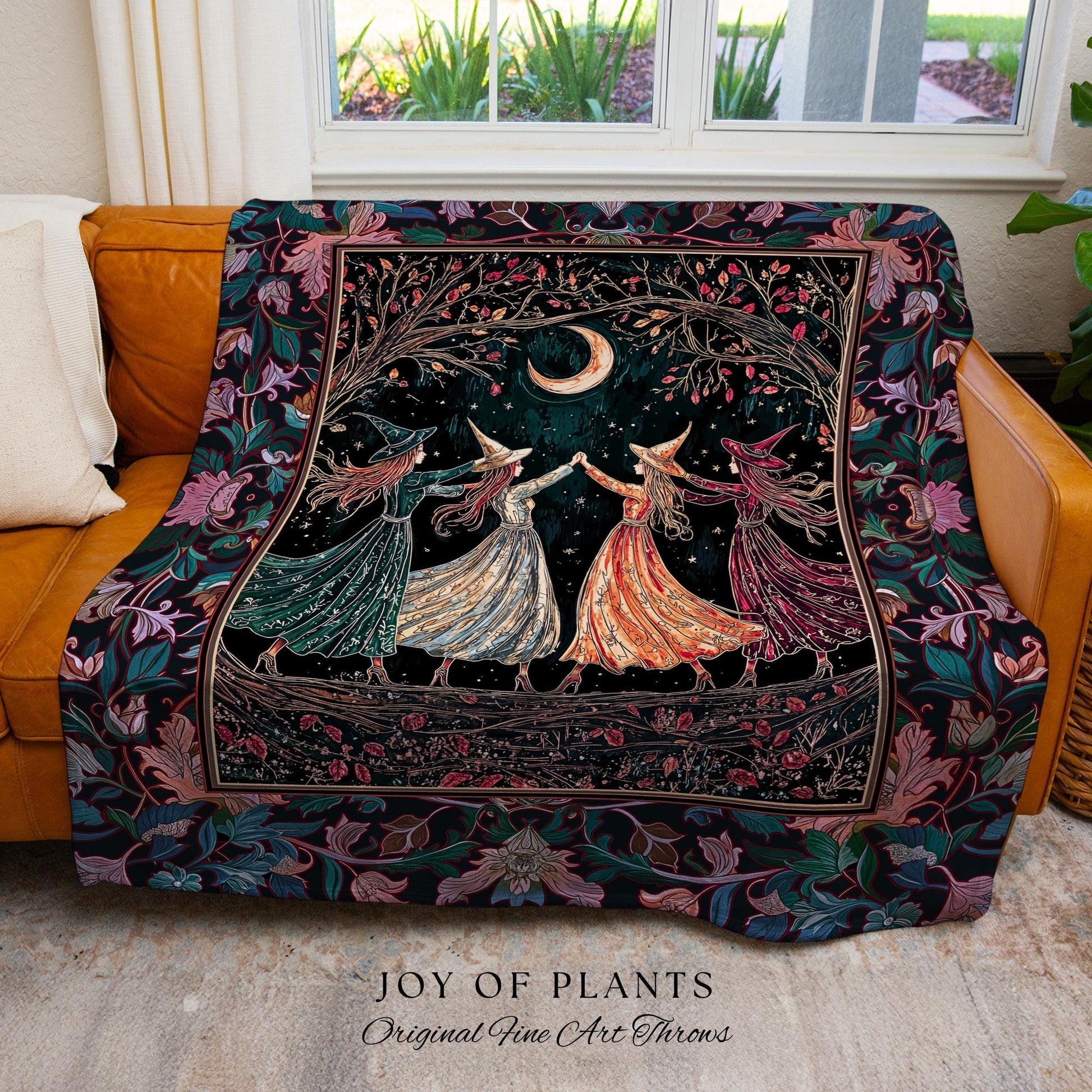 Mystic Midnight Witchcraft Throw Blanket | Whimsical Witch Circle Home Decor Storybook Aesthetic Woven Tapestry Witchy Academia Cozy Vibe |